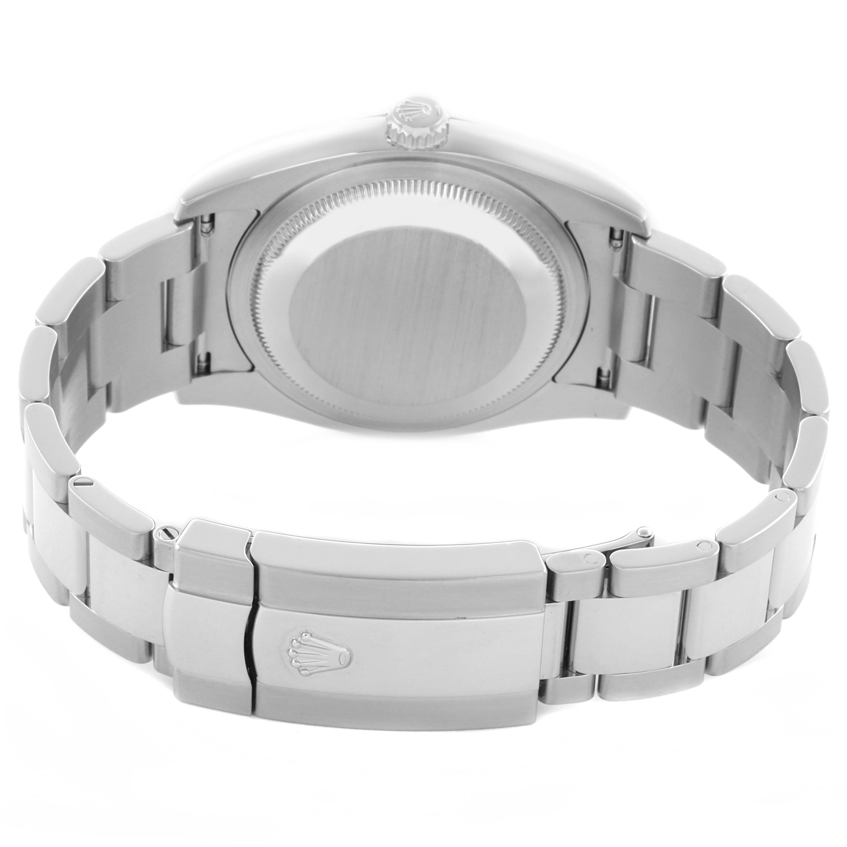 The image shows the back of a Rolex Datejust 116234 Men's Stainless Steel Black Dial 116234 Men's Stainless Steel Black Dial watch, highlighting the case back, bracelet, and clasp.