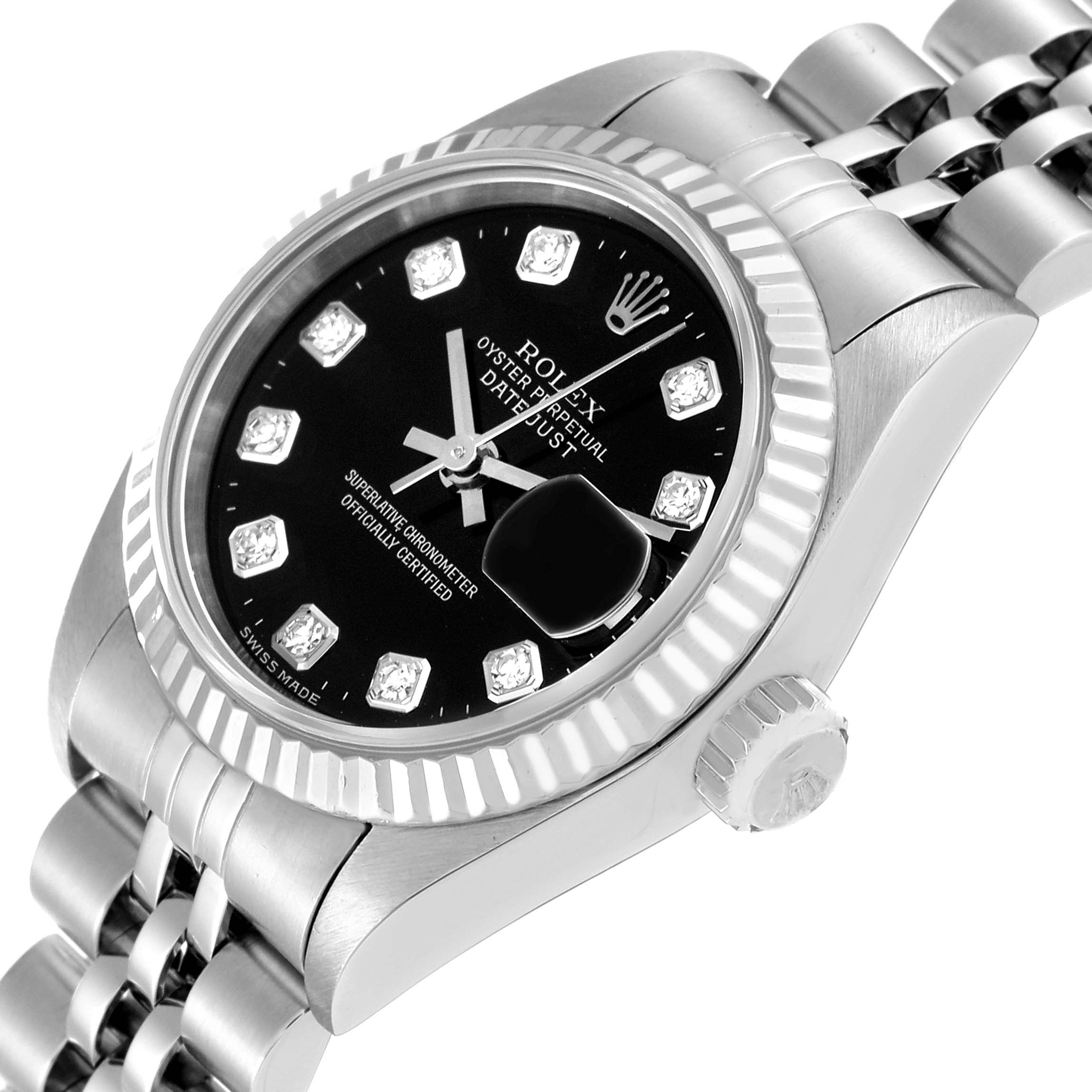 This image shows a close-up angle of the Rolex Datejust 79174 Women's Stainless Steel Black Dial 79174 Women's Stainless Steel Black Dial watch, focusing on the dial, bezel, crown, and part of the bracelet.