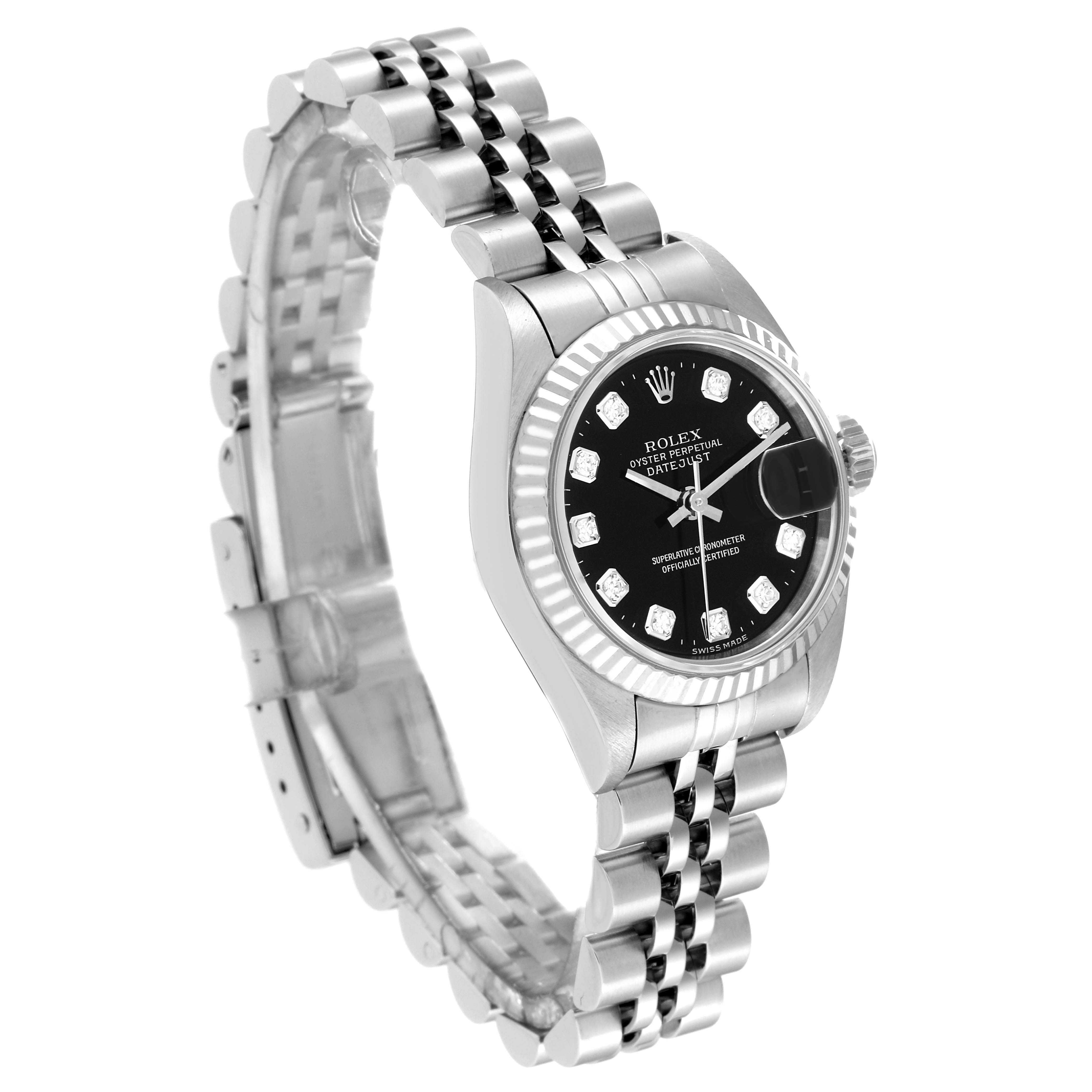 The Rolex Datejust 79174 Women's Stainless Steel Black Dial 79174 Women's Stainless Steel Black Dial watch is shown at an angled view, displaying its face, bezel, crown, and bracelet links.