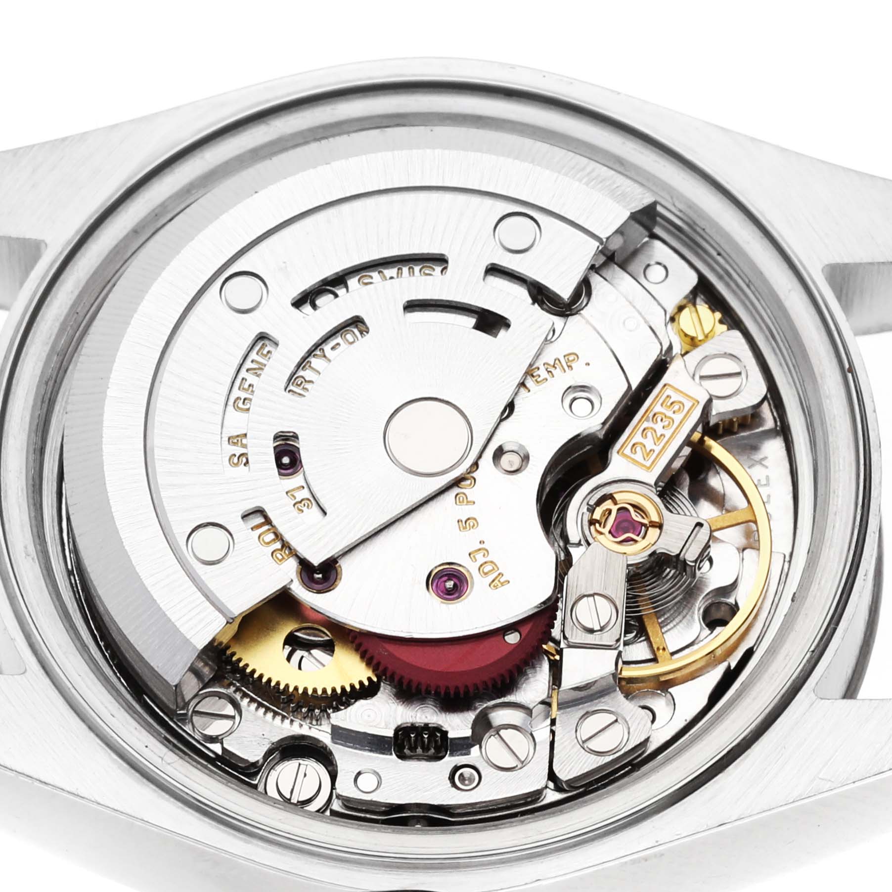 This image shows the internal mechanism and movement of a Rolex Datejust 79174 Women's Stainless Steel Black Dial 79174 Women's Stainless Steel Black Dial watch, viewed from the back.