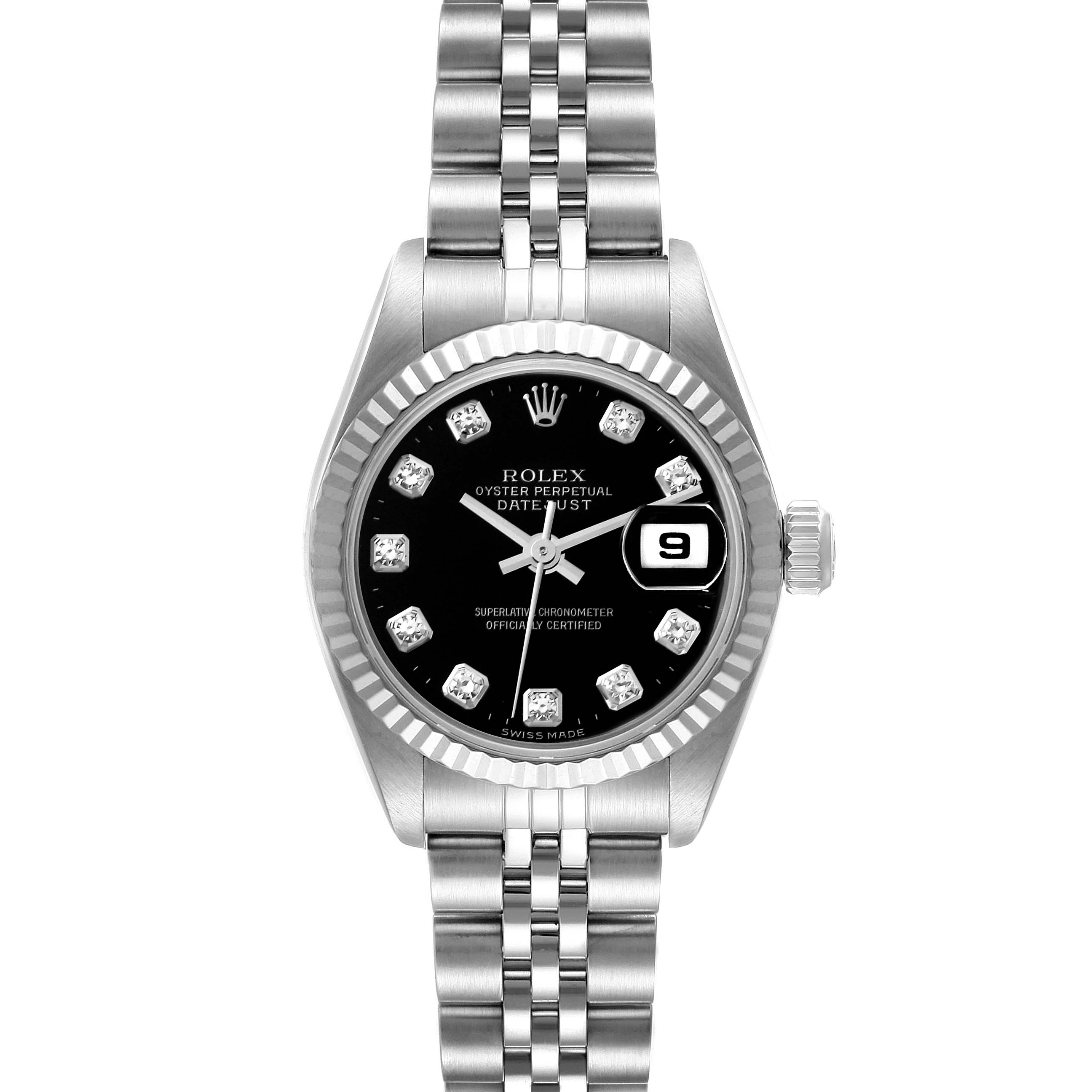 This image shows a Rolex Datejust 79174 Women's Stainless Steel Black Dial 79174 Women's Stainless Steel Black Dial watch with a black dial, diamond hour markers, and a jubilee bracelet, viewed from the front.