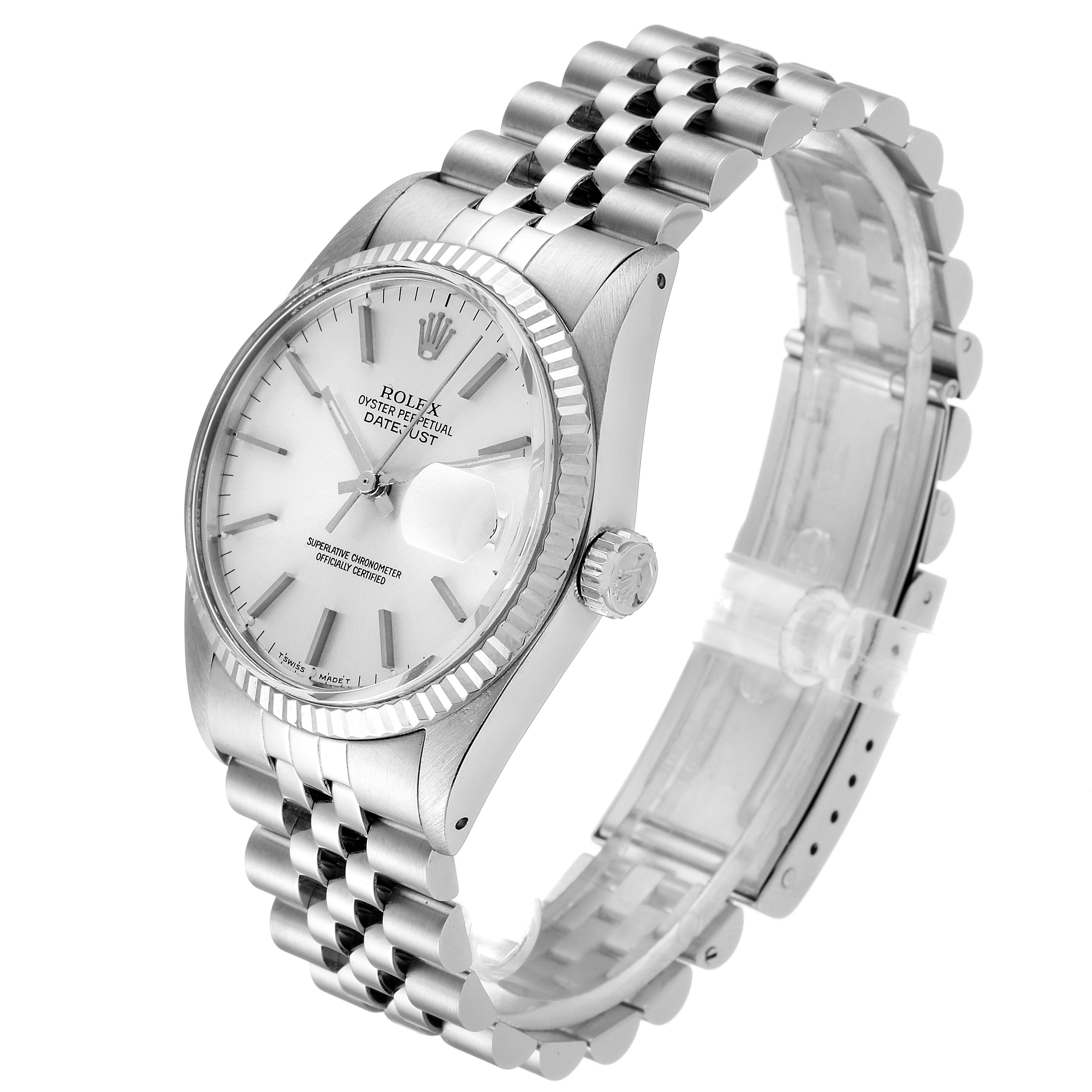 The image shows a Rolex Vintage Collection 16014 Men
s Stainless Steel Silver Dial 16014 Men
s Stainless Steel Silver Dial watch from an angled side view, focusing on the watch face, crown, and bracelet.