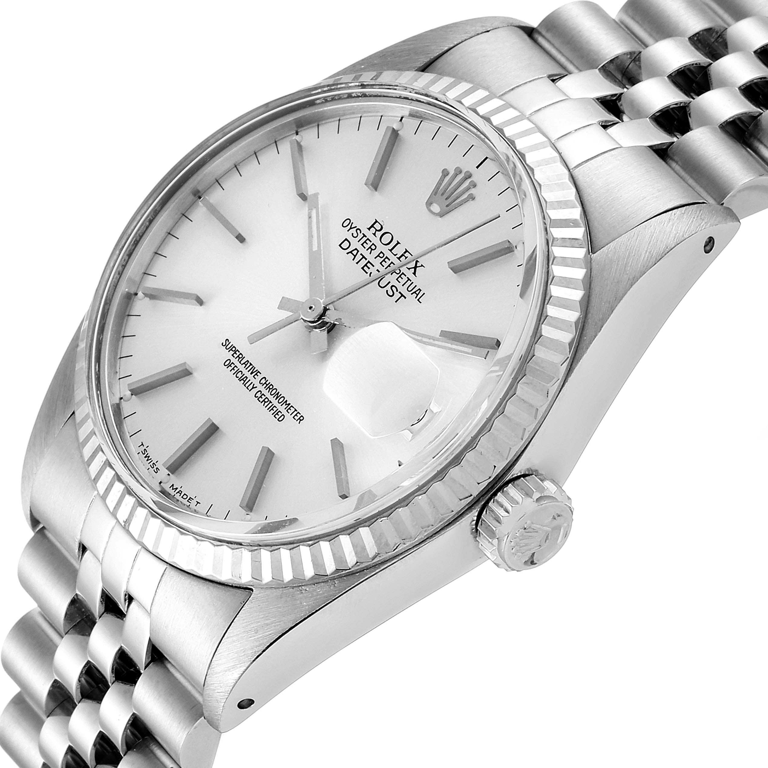 The image shows the Rolex Vintage Collection 16014 Men
s Stainless Steel Silver Dial 16014 Men
s Stainless Steel Silver Dial watch at an angle highlighting its face, bezel, crown, and partial bracelet.