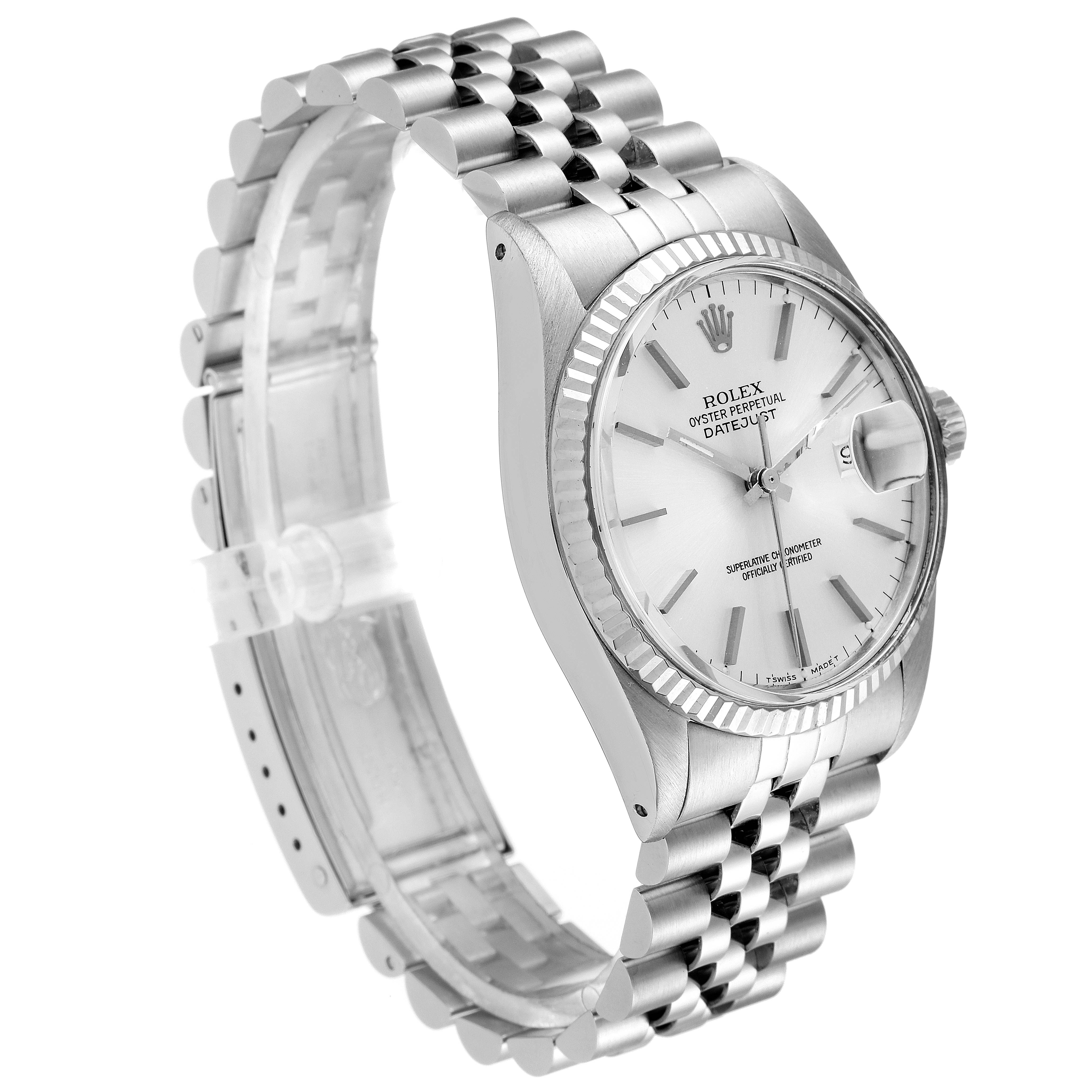 This Rolex Vintage Collection 16014 Men
s Stainless Steel Silver Dial 16014 Men
s Stainless Steel Silver Dial watch is shown at a side angle displaying the bracelet, dial, crown, and case.