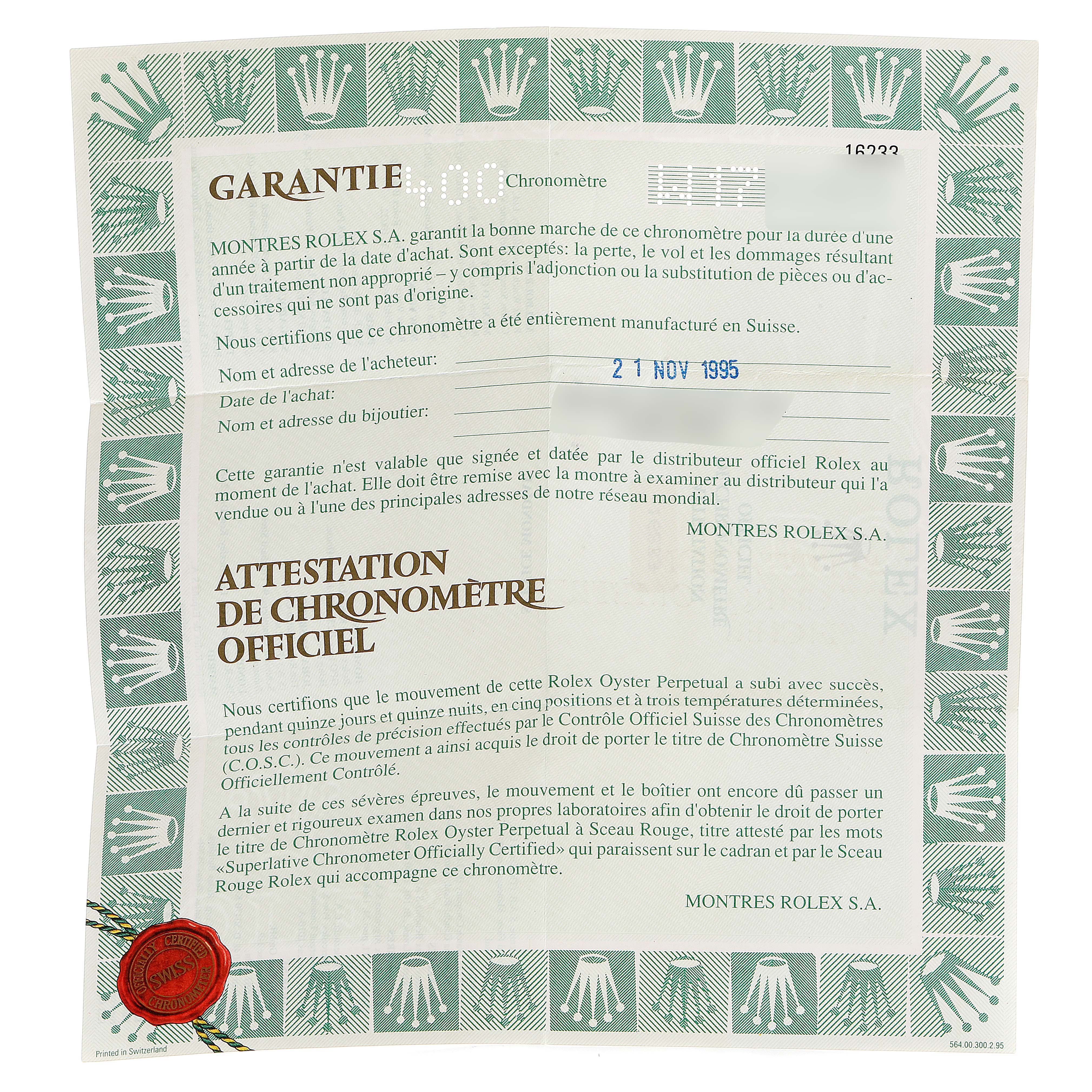 This image shows the official warranty certificate for a Rolex Datejust 16233 Men's Steel and Gold (two tone) Blue Dial 16233 Men's Steel and Gold (two tone) Blue Dial, featuring the company logo and French text.