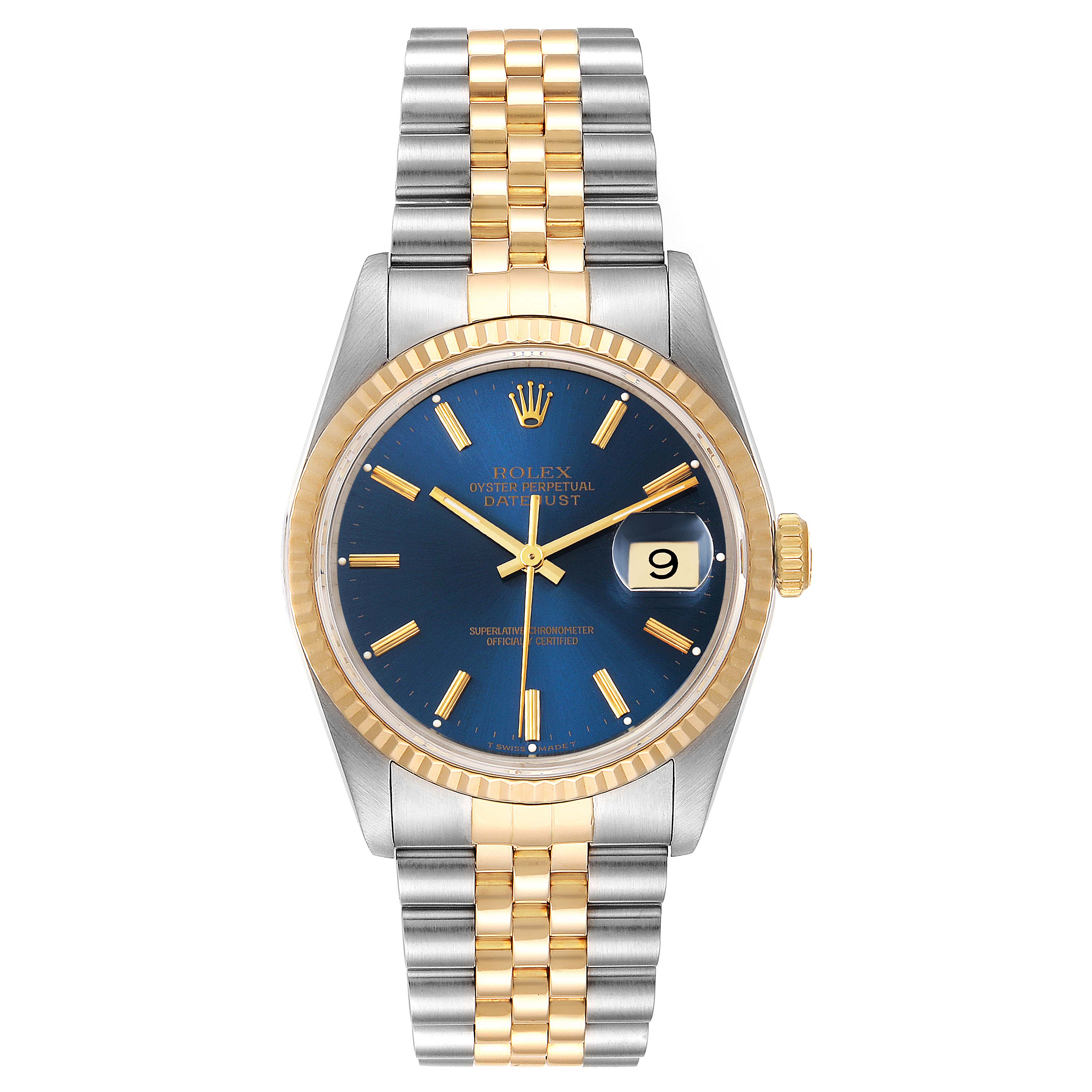 This image shows a Rolex Datejust 16233 Men's Steel and Gold (two tone) Blue Dial 16233 Men's Steel and Gold (two tone) Blue Dial watch from a front angle, featuring a blue dial, fluted bezel, and two-tone bracelet.