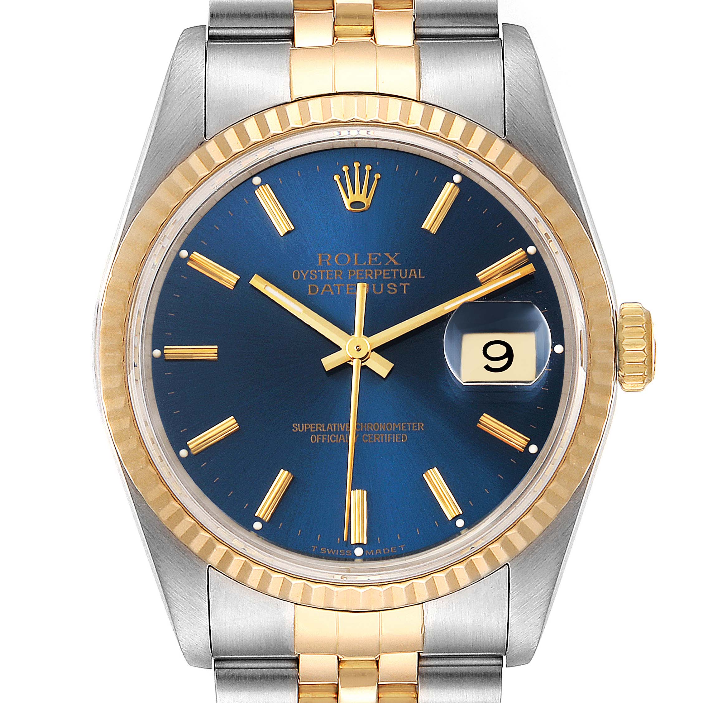 This image shows a front view of the Rolex Datejust 16233 Men's Steel and Gold (two tone) Blue Dial 16233 Men's Steel and Gold (two tone) Blue Dial watch featuring a blue dial, gold hour markers, and a date window at 3 o'clock.