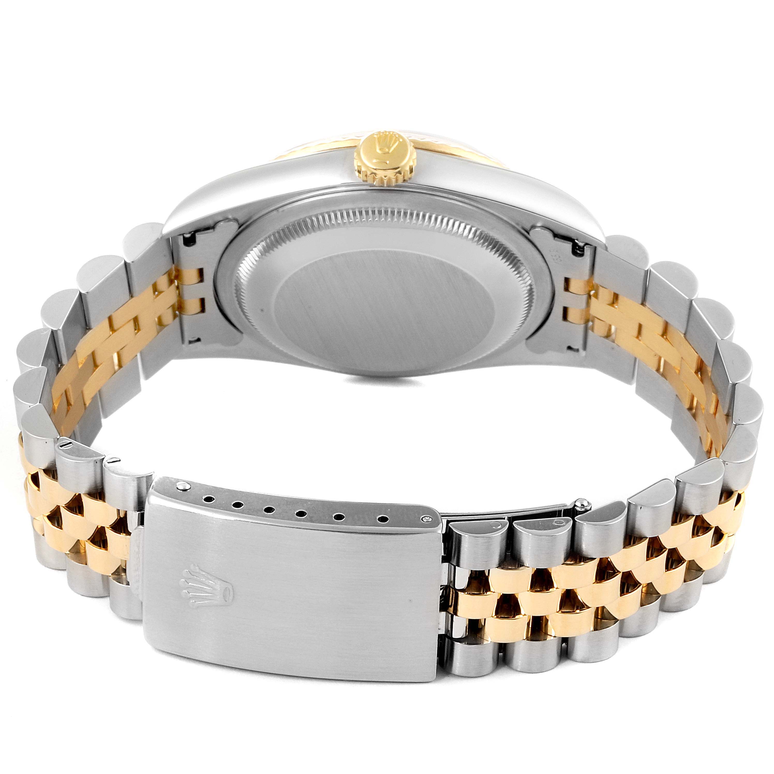 The image shows the back and band of a Rolex Datejust 16233 Men's Steel and Gold (two tone) Blue Dial 16233 Men's Steel and Gold (two tone) Blue Dial watch, with a two-tone metal bracelet and clasp.