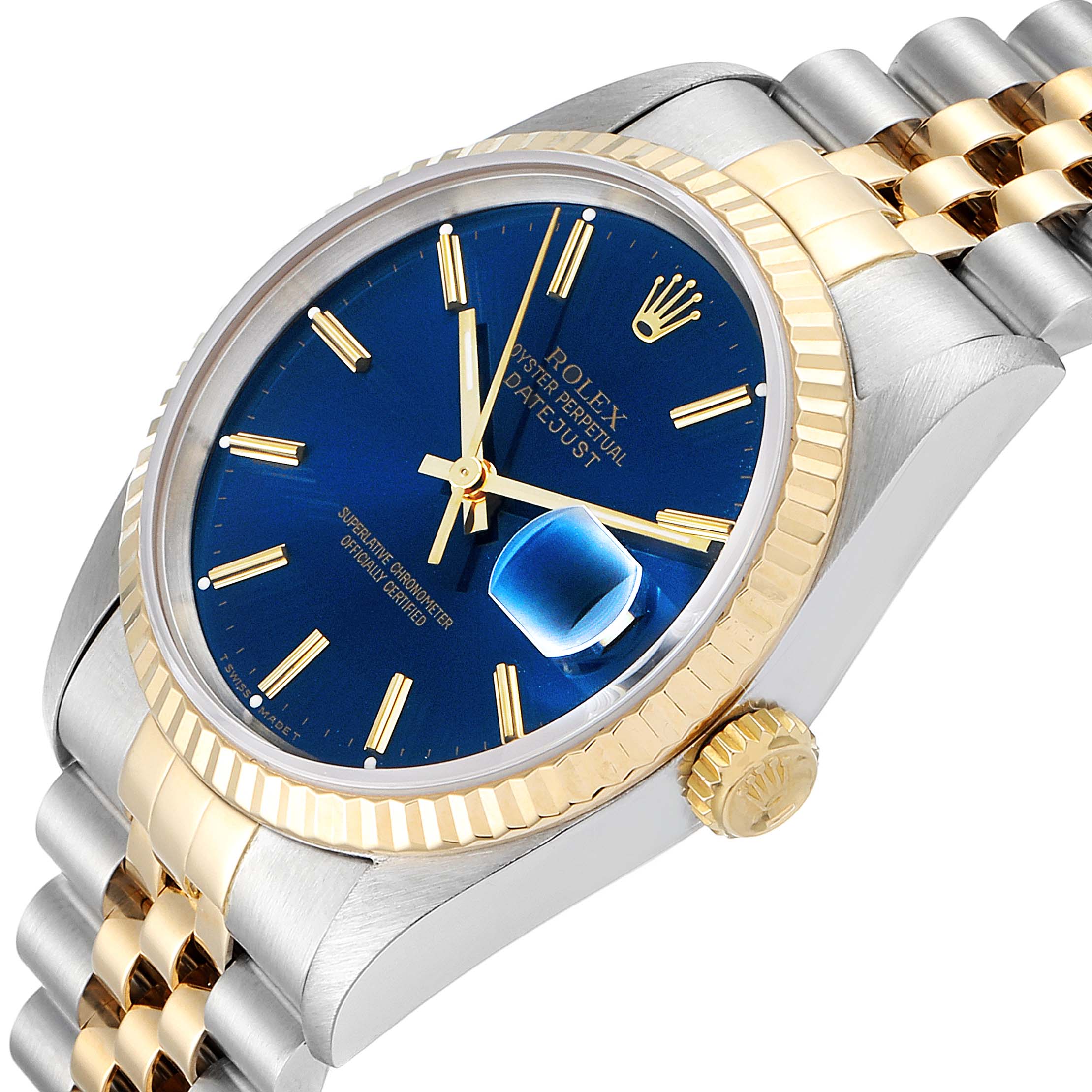 The image shows a Rolex Datejust 16233 Men's Steel and Gold (two tone) Blue Dial 16233 Men's Steel and Gold (two tone) Blue Dial watch at an angle, highlighting its dial, fluted bezel, crown, and part of the Jubilee bracelet.