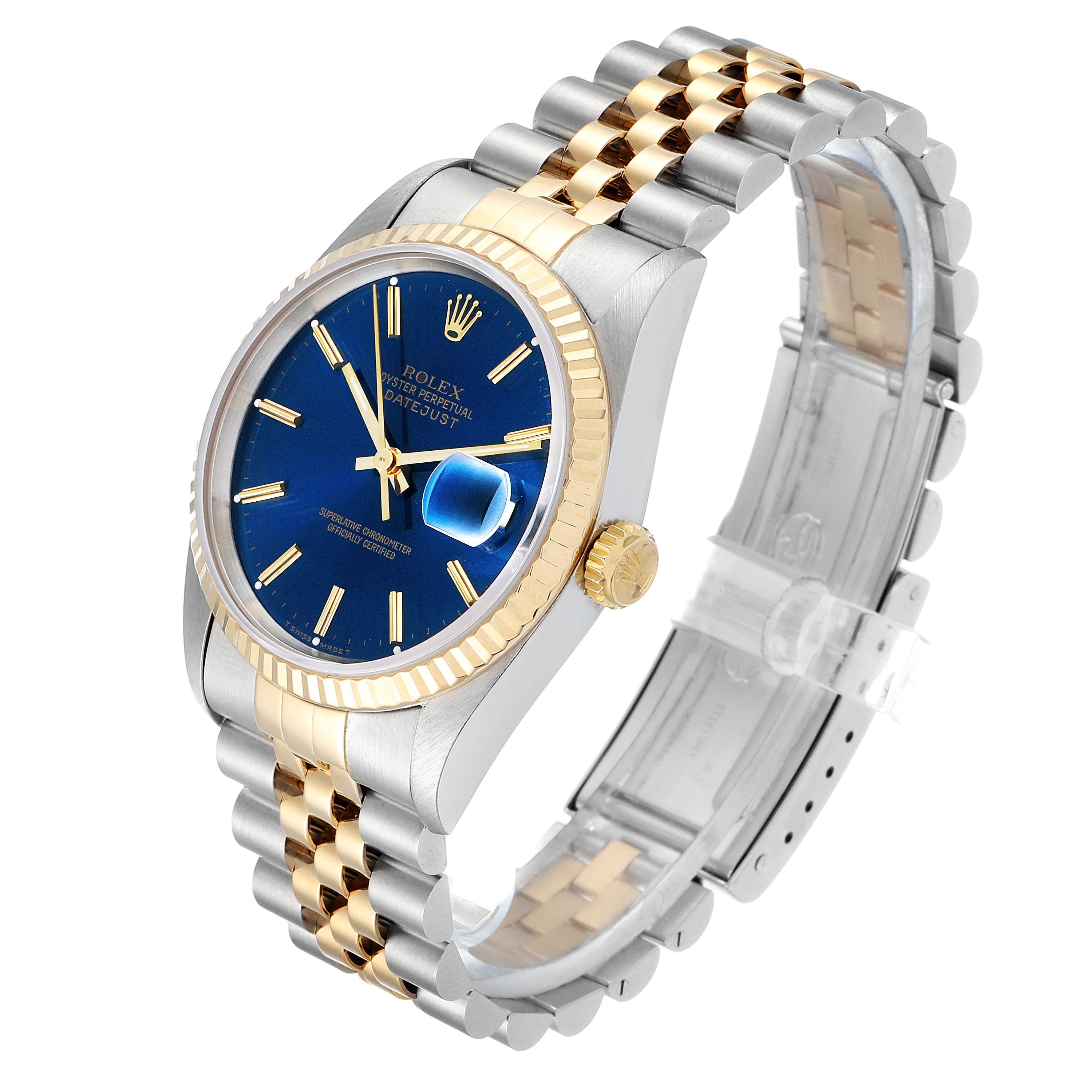 The Rolex Datejust 16233 Men's Steel and Gold (two tone) Blue Dial 16233 Men's Steel and Gold (two tone) Blue Dial watch is shown at a slight angle, highlighting its blue dial, gold bezel, and two-tone bracelet.