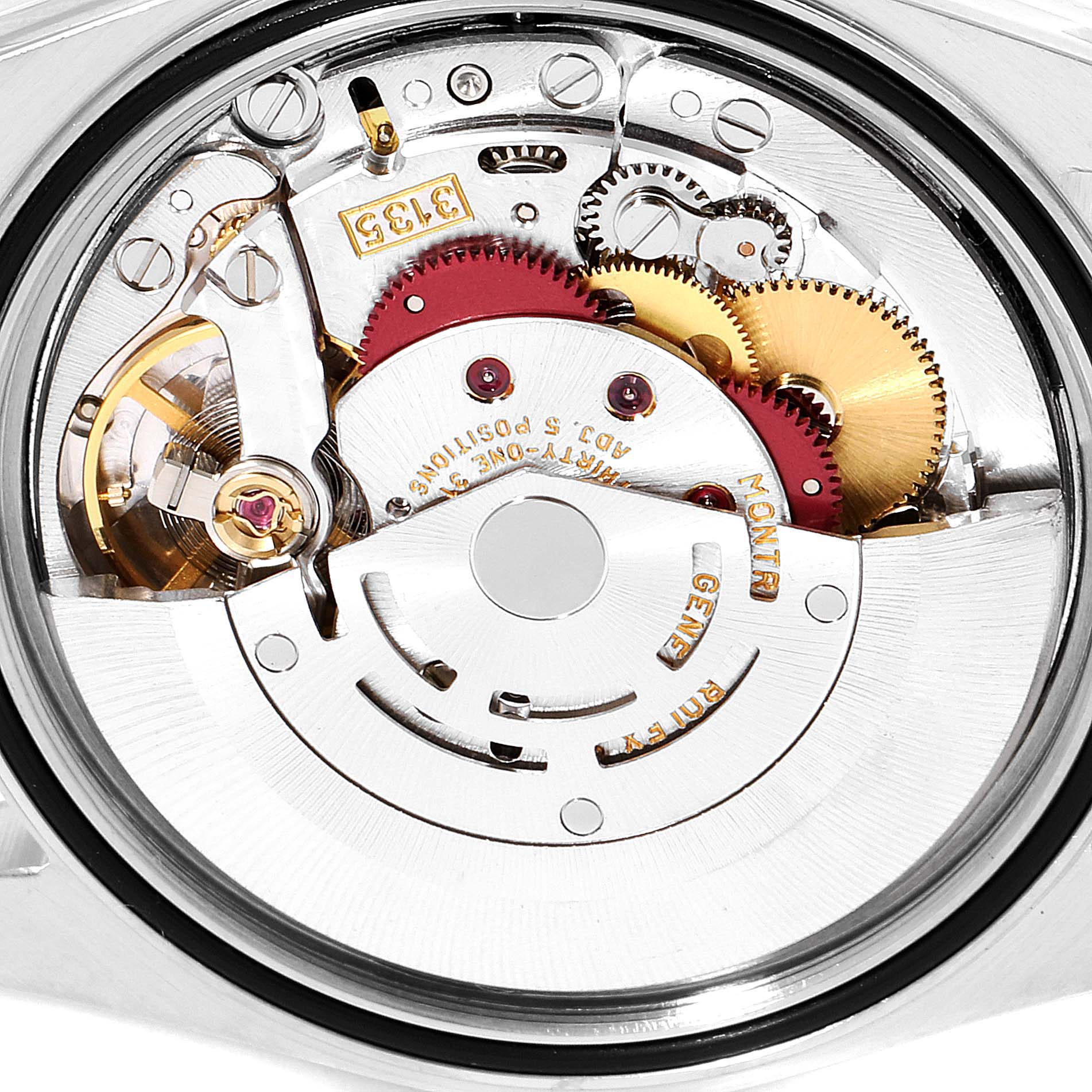 This image shows the internal movement mechanism of a Rolex Datejust 16233 Men's Steel and Gold (two tone) Blue Dial 16233 Men's Steel and Gold (two tone) Blue Dial watch from a top-down angle.