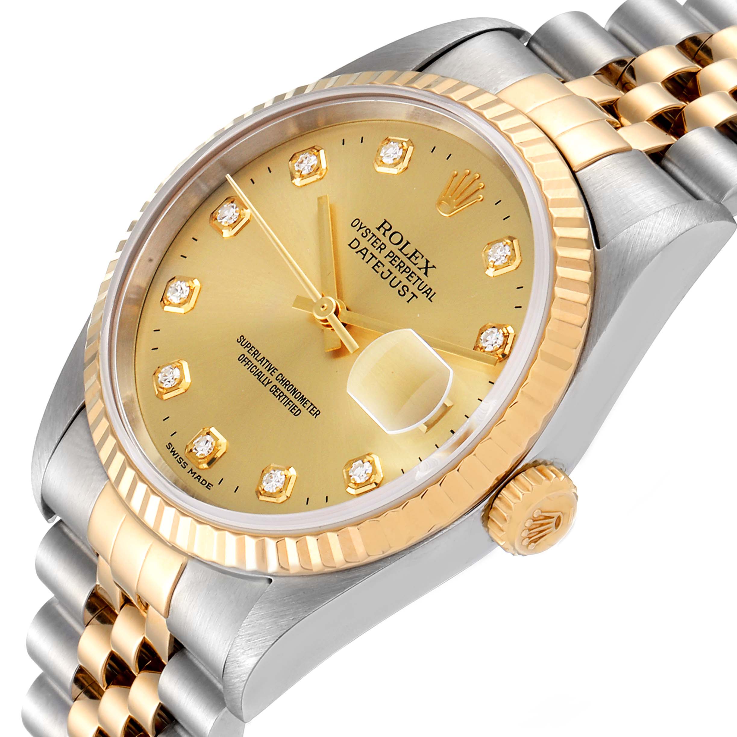 The Rolex Datejust 16233 Men's Steel and Gold (two tone) Champagne Dial 16233 Men's Steel and Gold (two tone) Champagne Dial watch is shown at an angle highlighting the dial, bezel, hands, crown, and part of the bracelet.