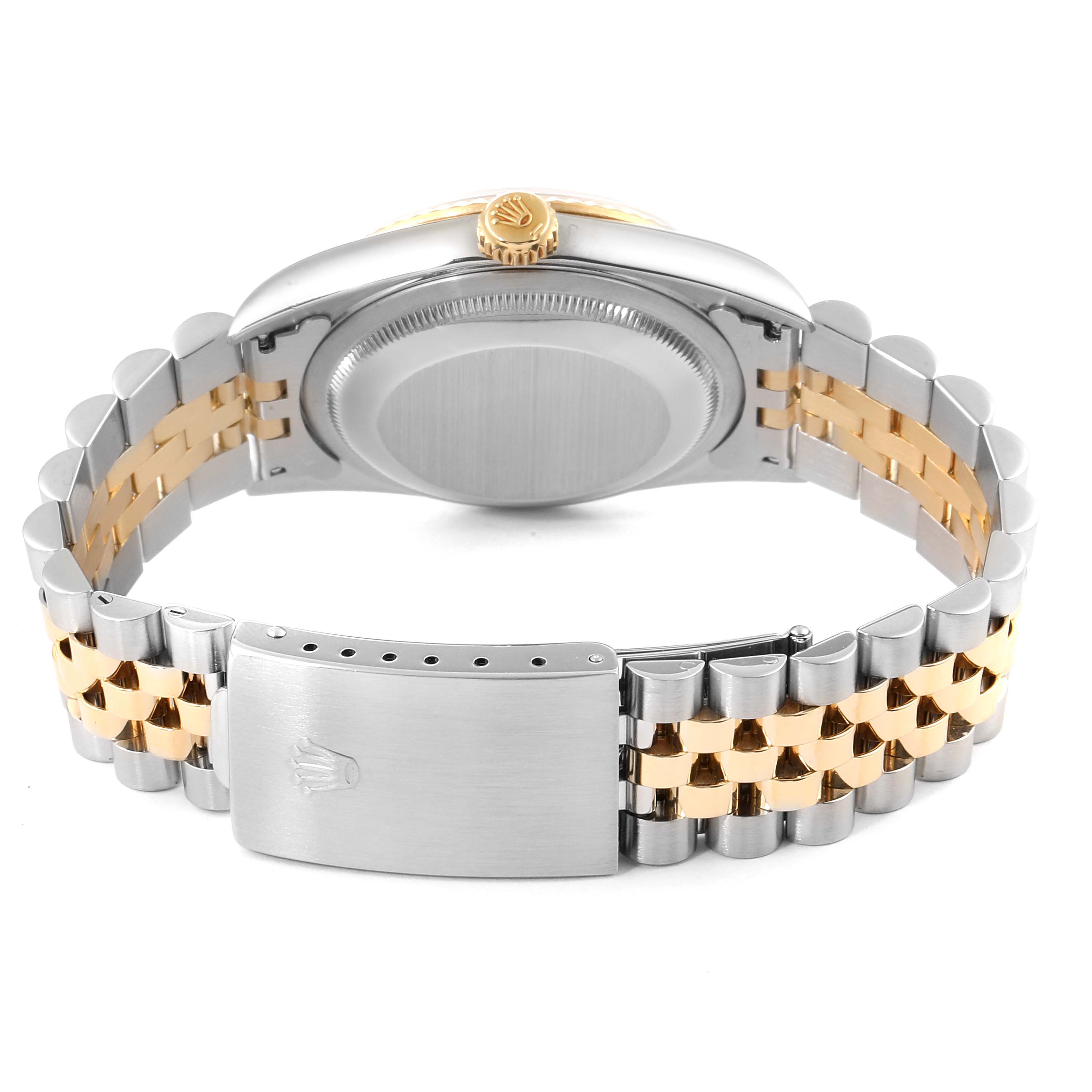 The image shows the back of a Rolex Datejust 16233 Men's Steel and Gold (two tone) Champagne Dial 16233 Men's Steel and Gold (two tone) Champagne Dial watch, focusing on the case back, crown, and the two-tone bracelet with a clasp.