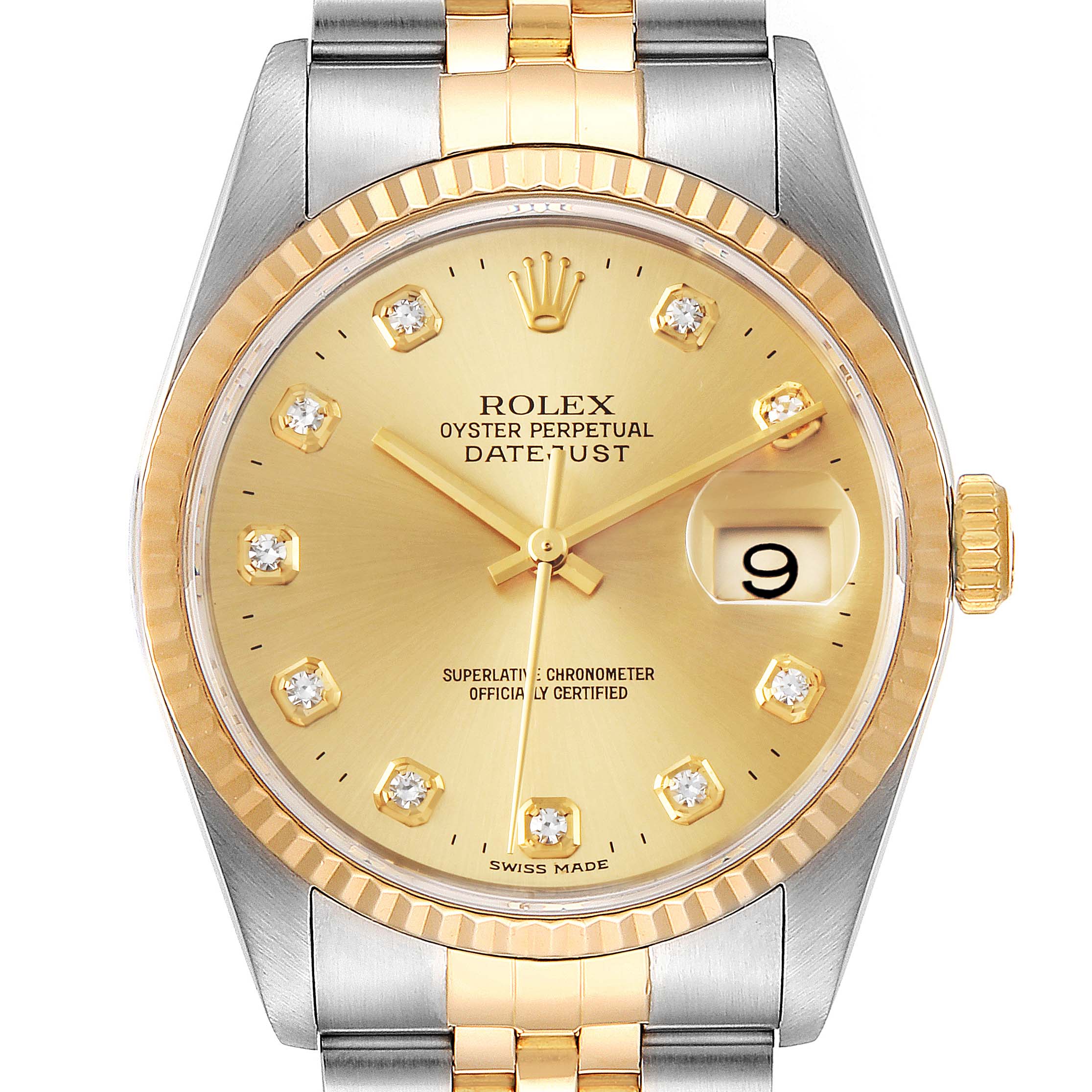 The image shows a front view of a Rolex Datejust 16233 Men's Steel and Gold (two tone) Champagne Dial 16233 Men's Steel and Gold (two tone) Champagne Dial watch with a gold dial, diamond hour markers, and a two-tone bracelet.