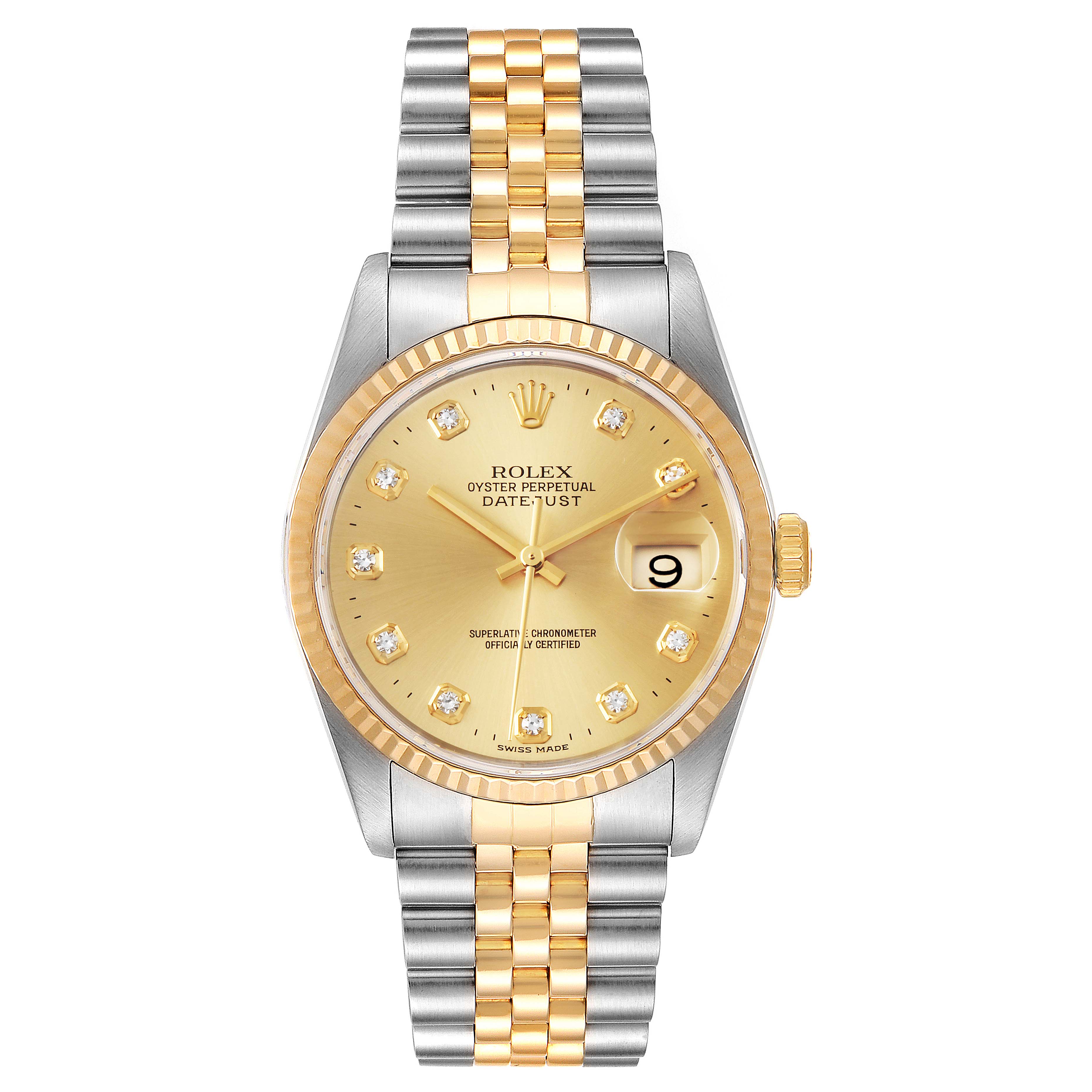 This is a frontal view of a Rolex Datejust 16233 Men's Steel and Gold (two tone) Champagne Dial 16233 Men's Steel and Gold (two tone) Champagne Dial watch, displaying the face, bezel, and two-tone bracelet.
