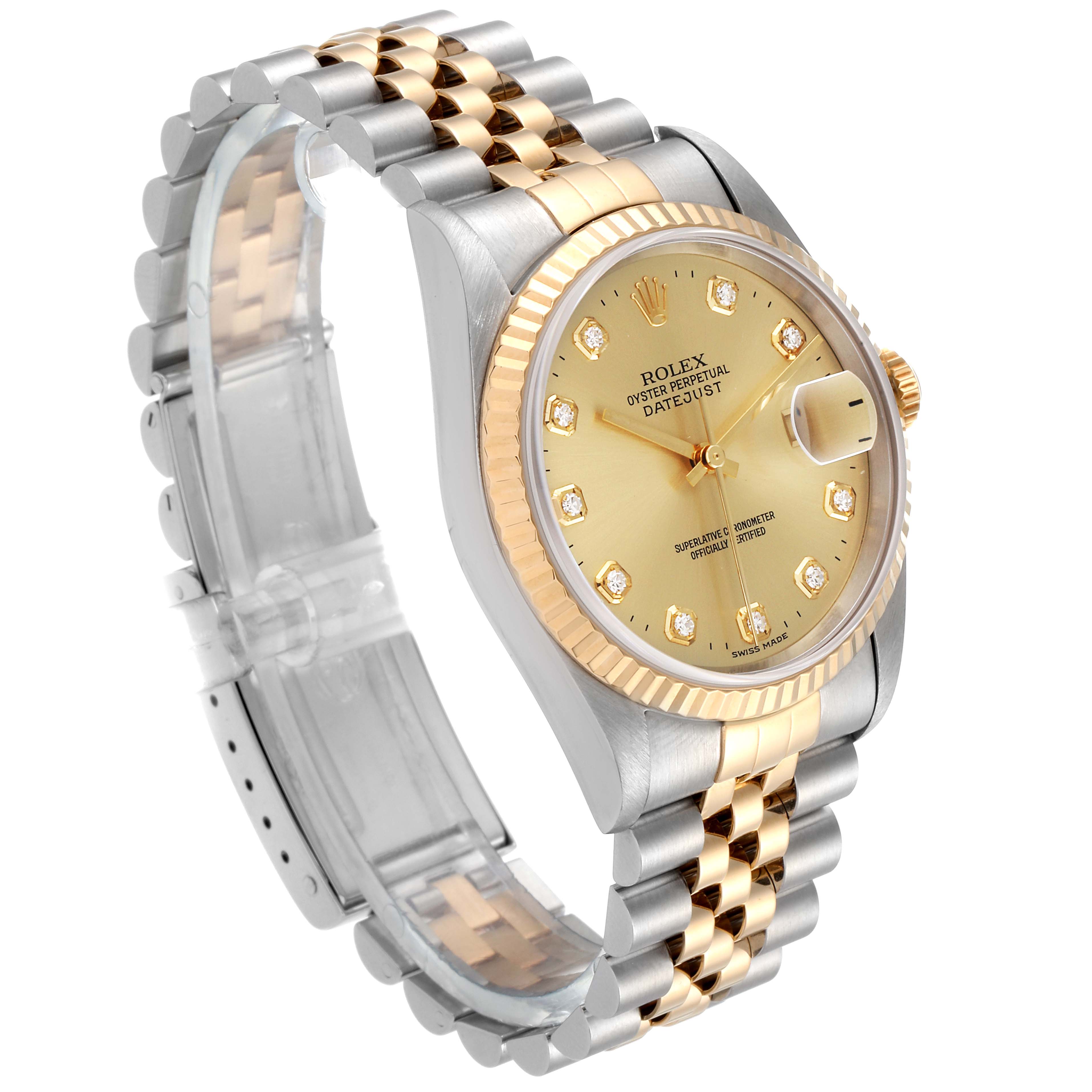The image shows a side angle of a Rolex Datejust 16233 Men's Steel and Gold (two tone) Champagne Dial 16233 Men's Steel and Gold (two tone) Champagne Dial watch, featuring a two-tone bracelet, gold fluted bezel, and a champagne dial with diamond hour markers.