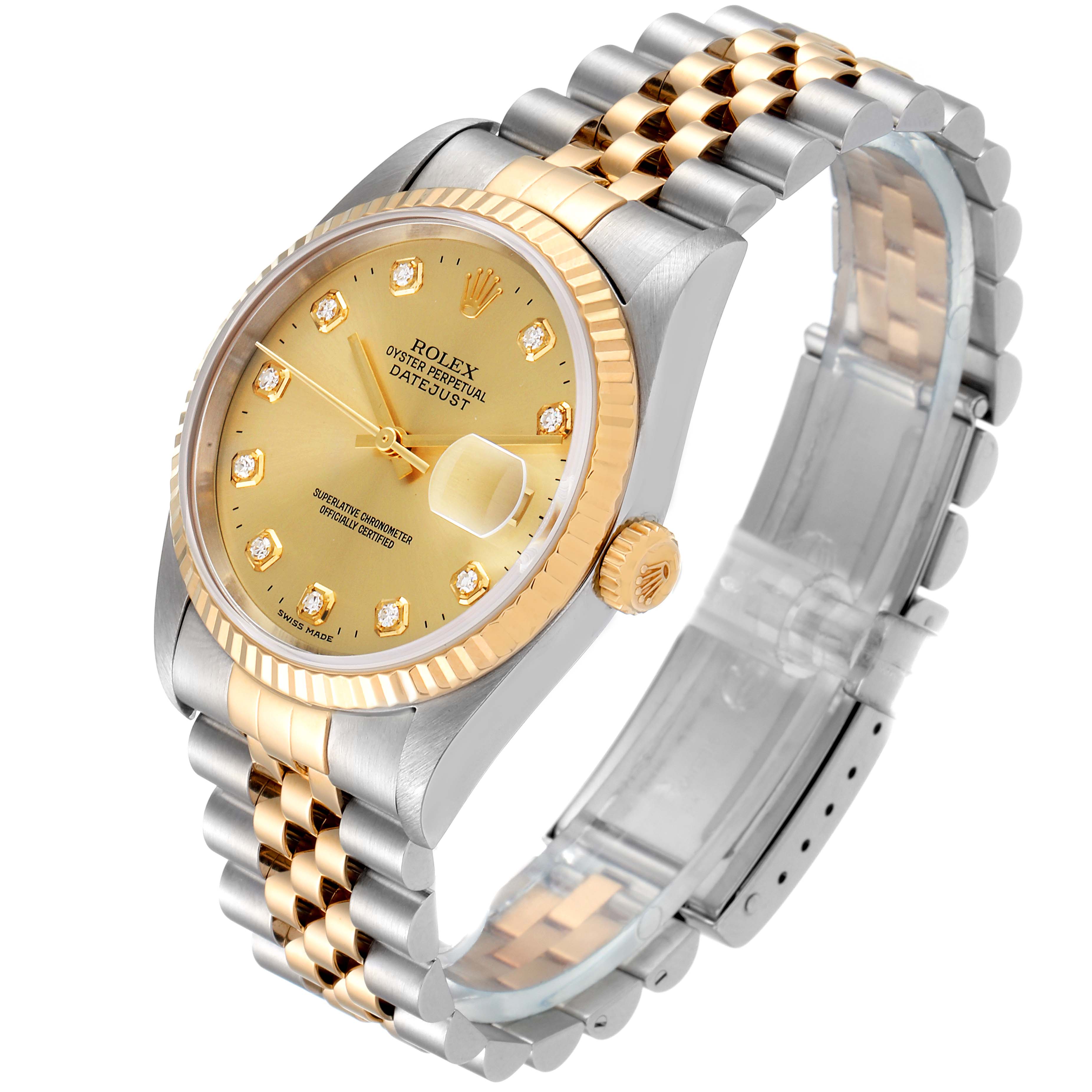 The Rolex Datejust 16233 Men's Steel and Gold (two tone) Champagne Dial 16233 Men's Steel and Gold (two tone) Champagne Dial watch is shown at an angled view, highlighting its gold dial, fluted bezel, and two-tone Jubilee bracelet.