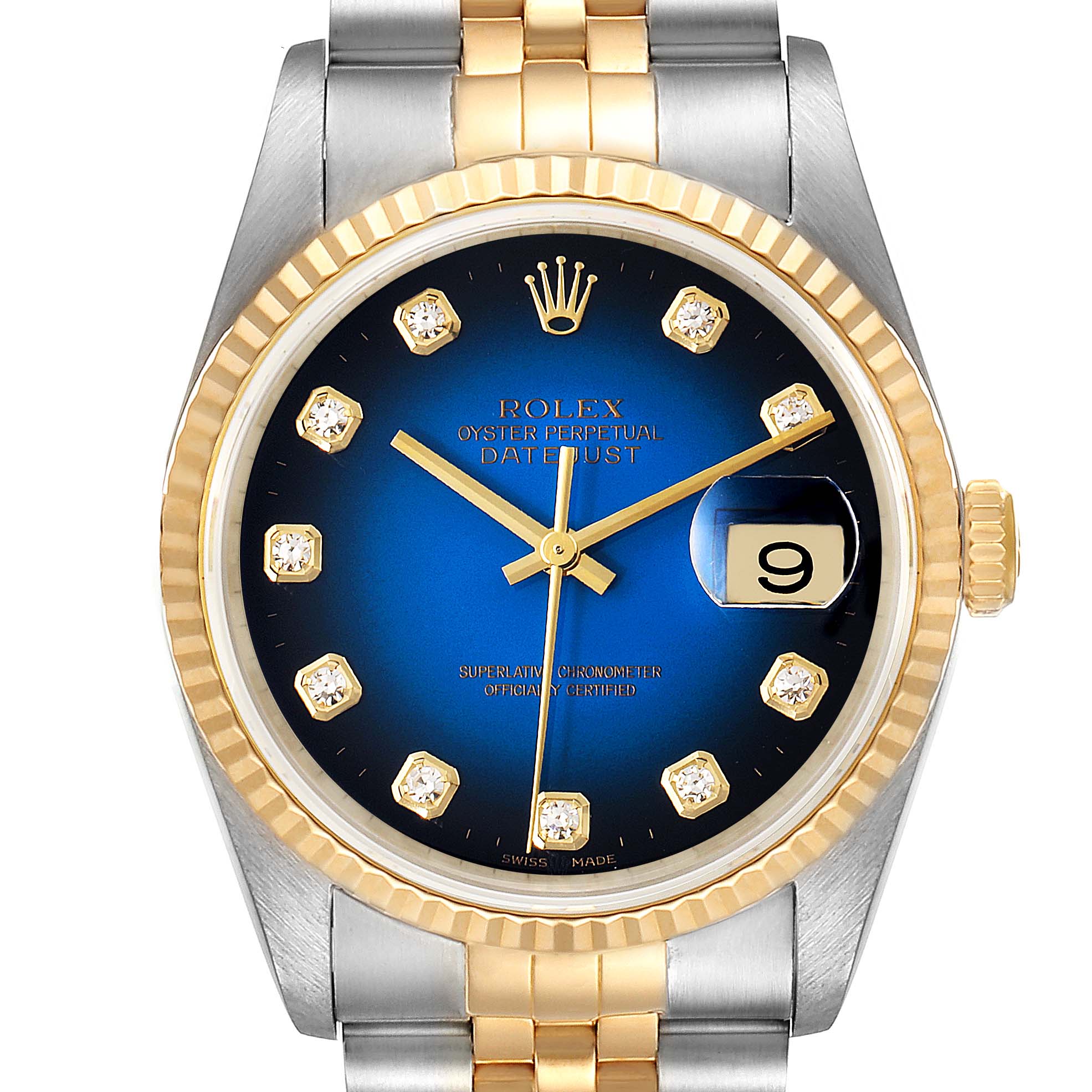 The Rolex Datejust 16233 Men's Steel and Gold (two tone) Blue Dial 16233 Men's Steel and Gold (two tone) Blue Dial watch is shown from a front angle, displaying its dial, hands, crown, and bracelet.