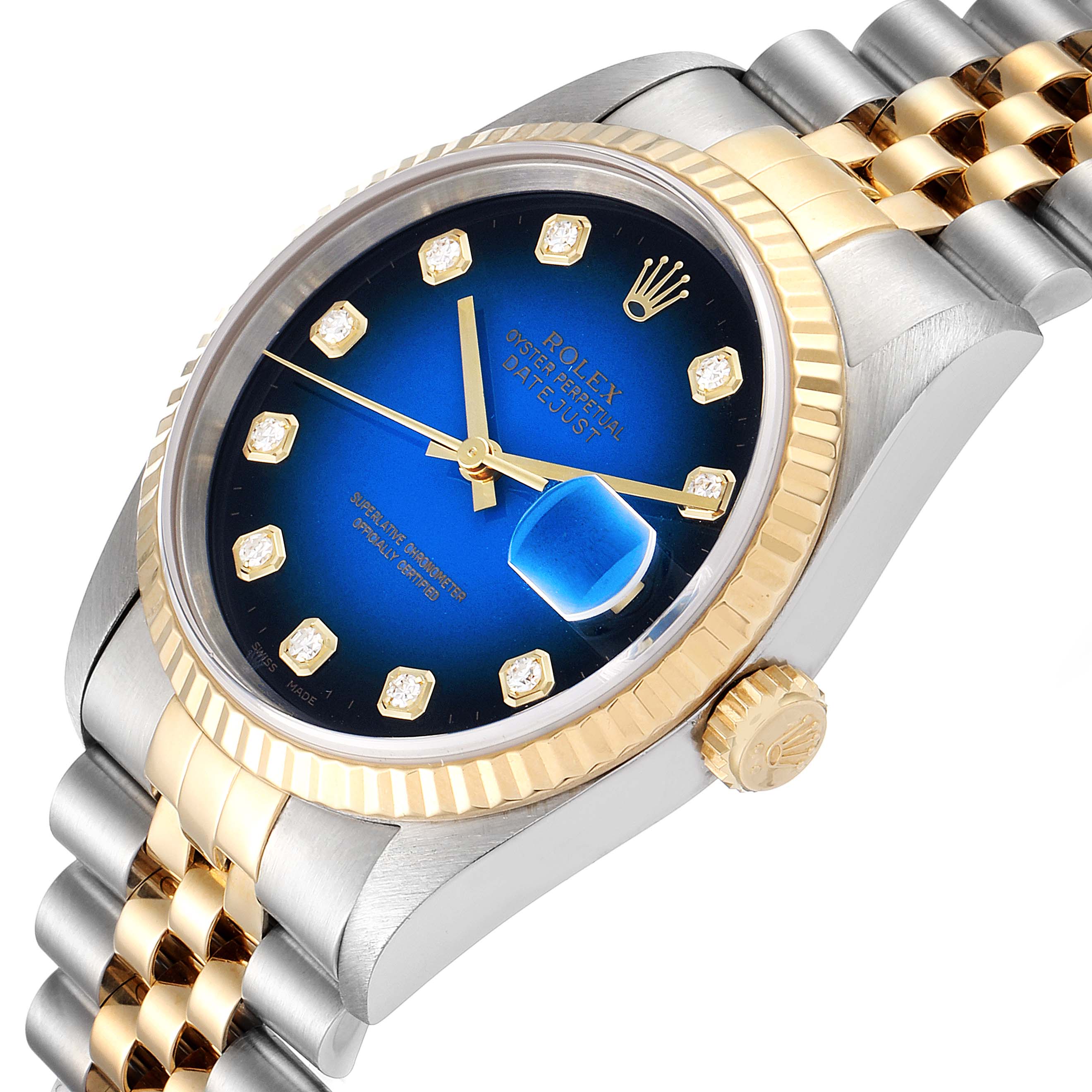 This image shows a Rolex Datejust 16233 Men's Steel and Gold (two tone) Blue Dial 16233 Men's Steel and Gold (two tone) Blue Dial watch from an angled side view, highlighting its blue dial, diamond hour markers, and two-tone bracelet.