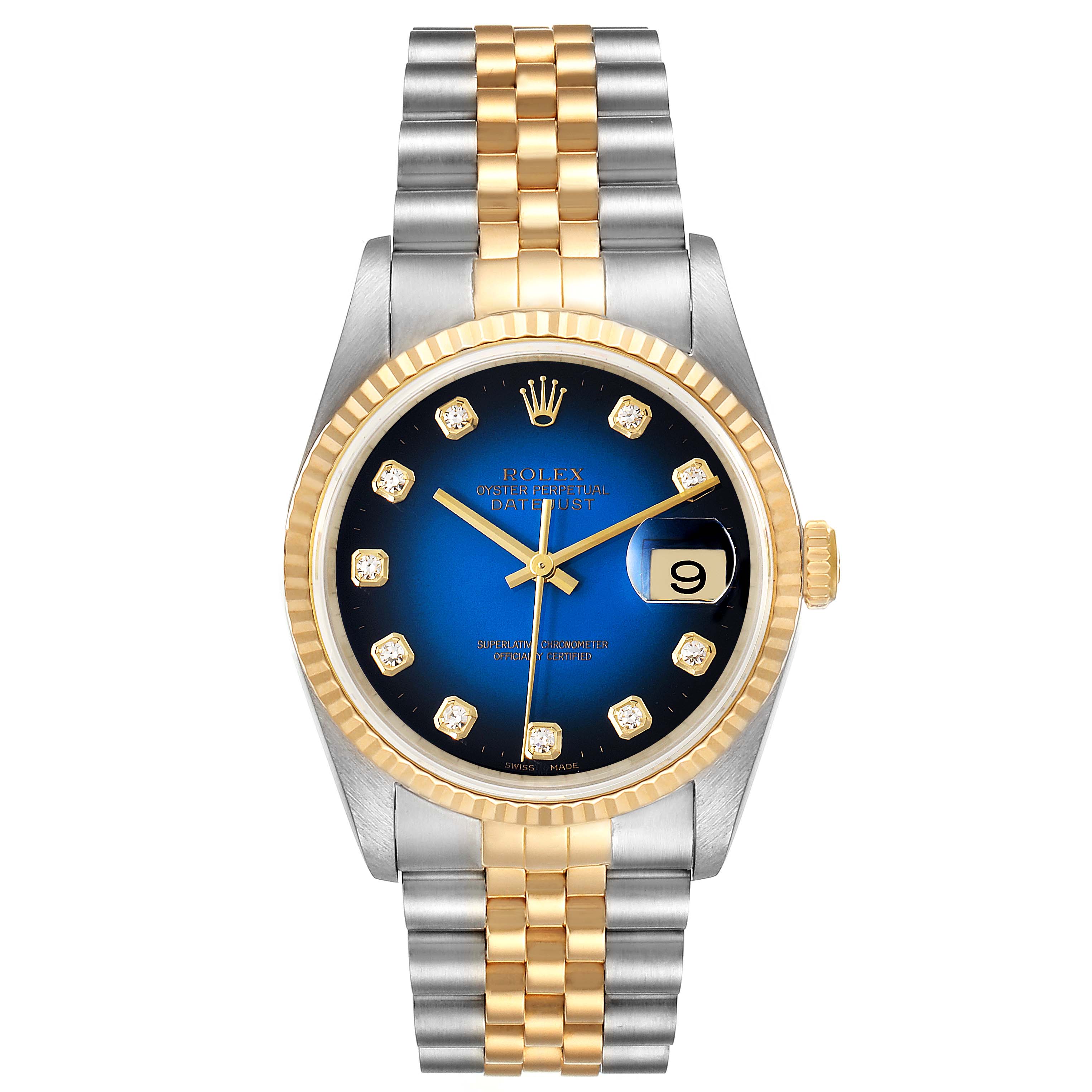 The image shows a front view of a Rolex Datejust 16233 Men's Steel and Gold (two tone) Blue Dial 16233 Men's Steel and Gold (two tone) Blue Dial watch, highlighting its two-tone bracelet, blue dial, and date display.