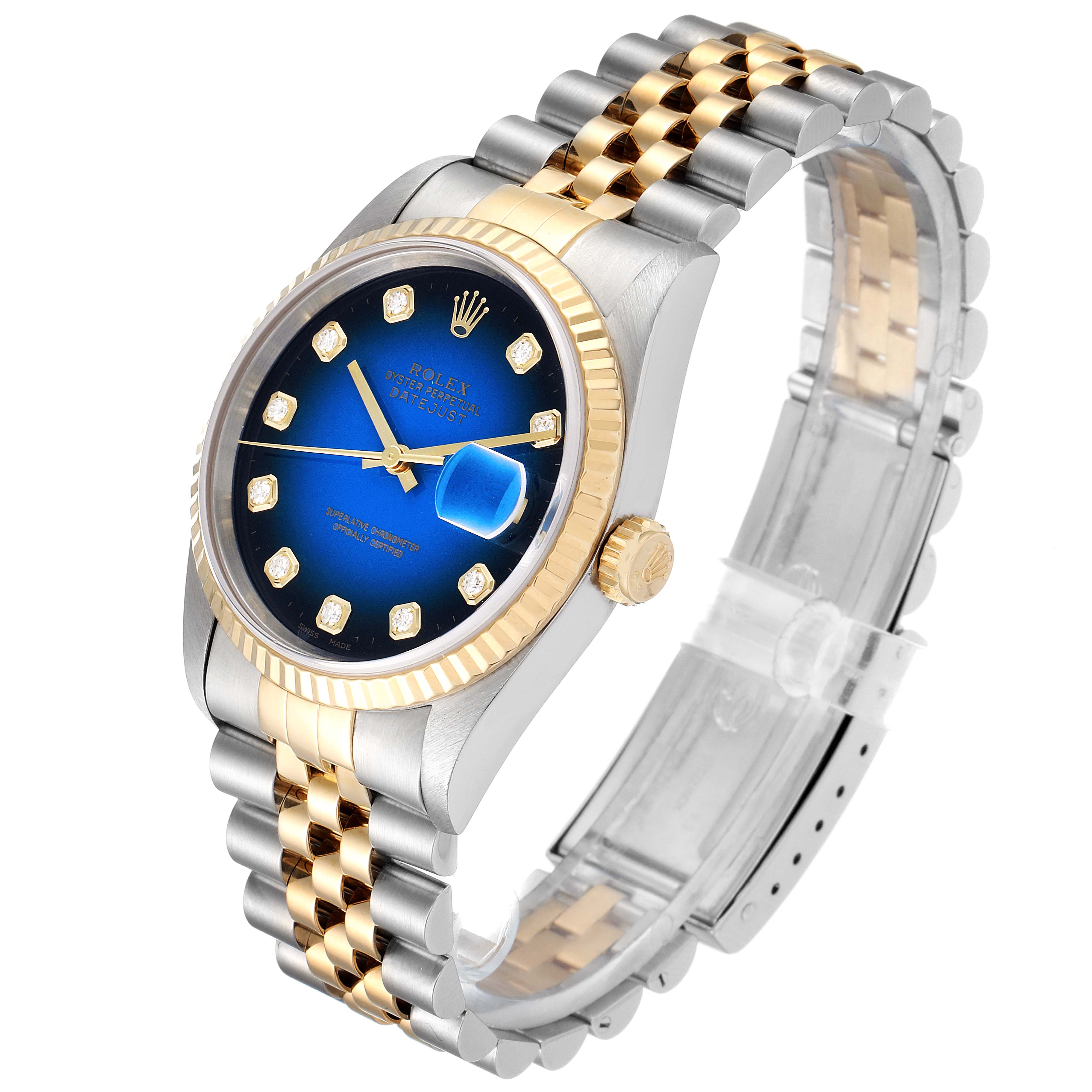 The image shows a side-angle view of the Rolex Datejust 16233 Men's Steel and Gold (two tone) Blue Dial 16233 Men's Steel and Gold (two tone) Blue Dial model, displaying its blue dial, gold fluted bezel, and two-tone bracelet.