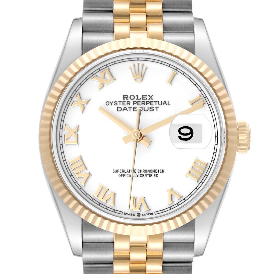 The Rolex Datejust watch is shown from a front-facing angle, highlighting the dial, bezel, and part of the bracelet.