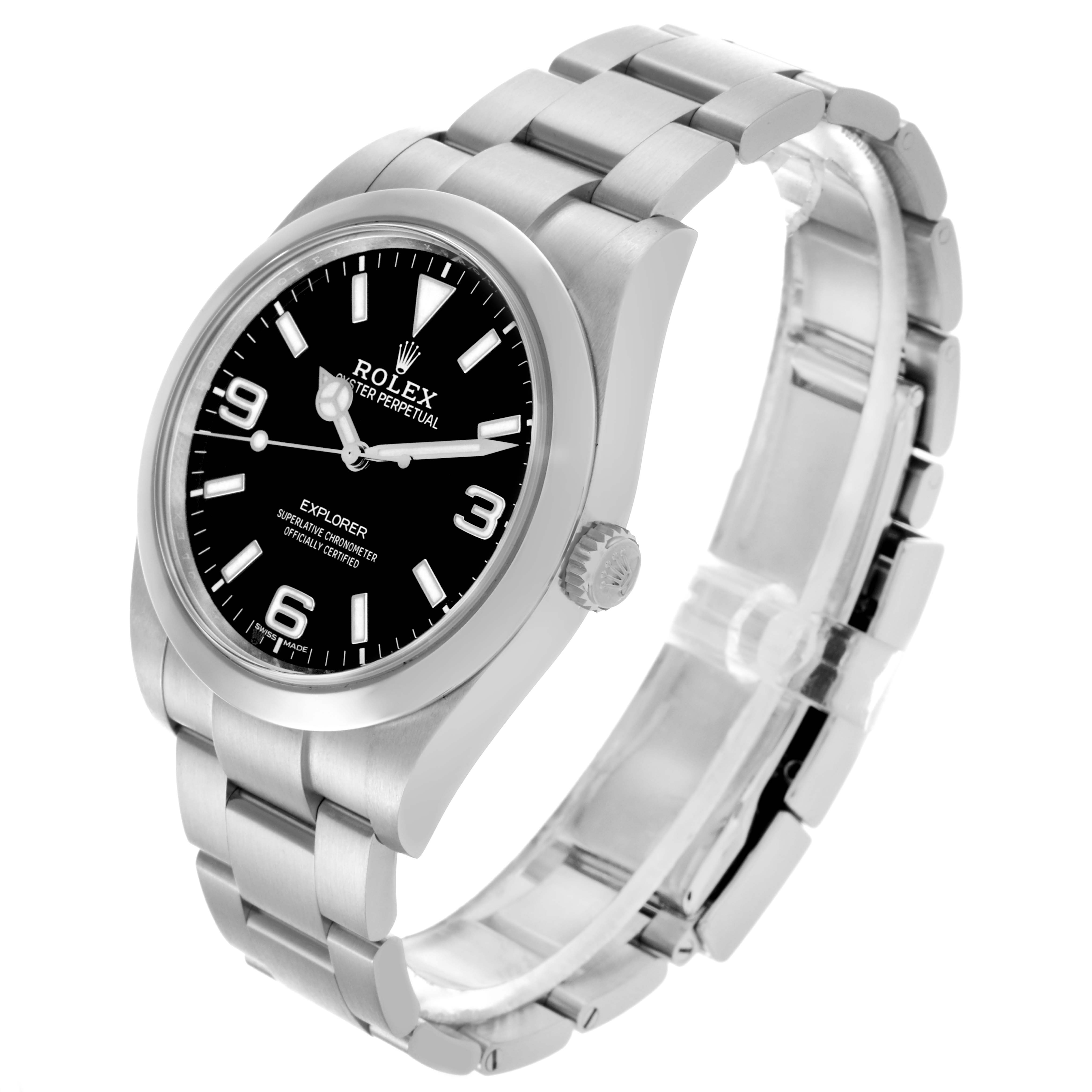 The Rolex Explorer 214270 Men's Stainless Steel Black Dial 214270 Men's Stainless Steel Black Dial watch is shown at a three-quarter angle, displaying the face, bezel, crown, and bracelet.