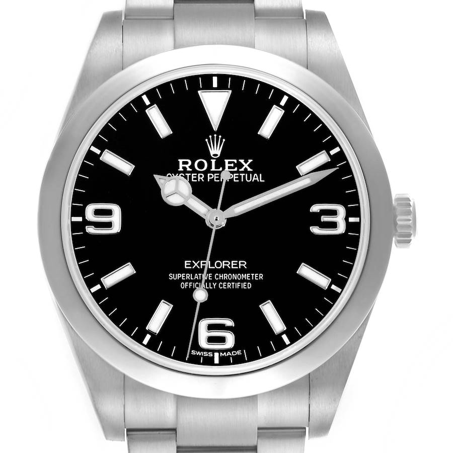 The Rolex Explorer watch is shown from the front, highlighting the dial, bezel, and part of the bracelet.