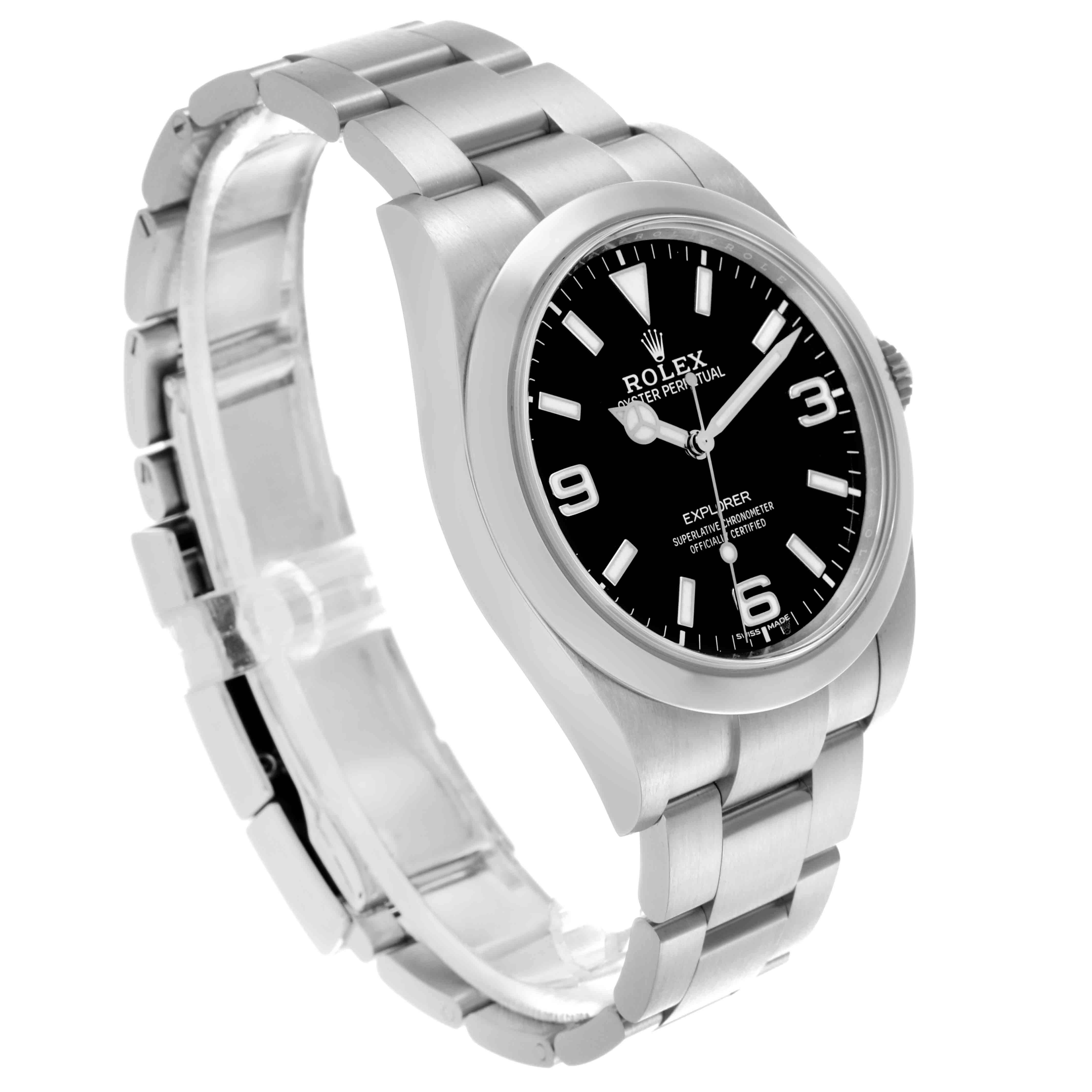 The Rolex Explorer 214270 Men's Stainless Steel Black Dial 214270 Men's Stainless Steel Black Dial watch is shown at an angled view, displaying its face, bracelet, and bezel.