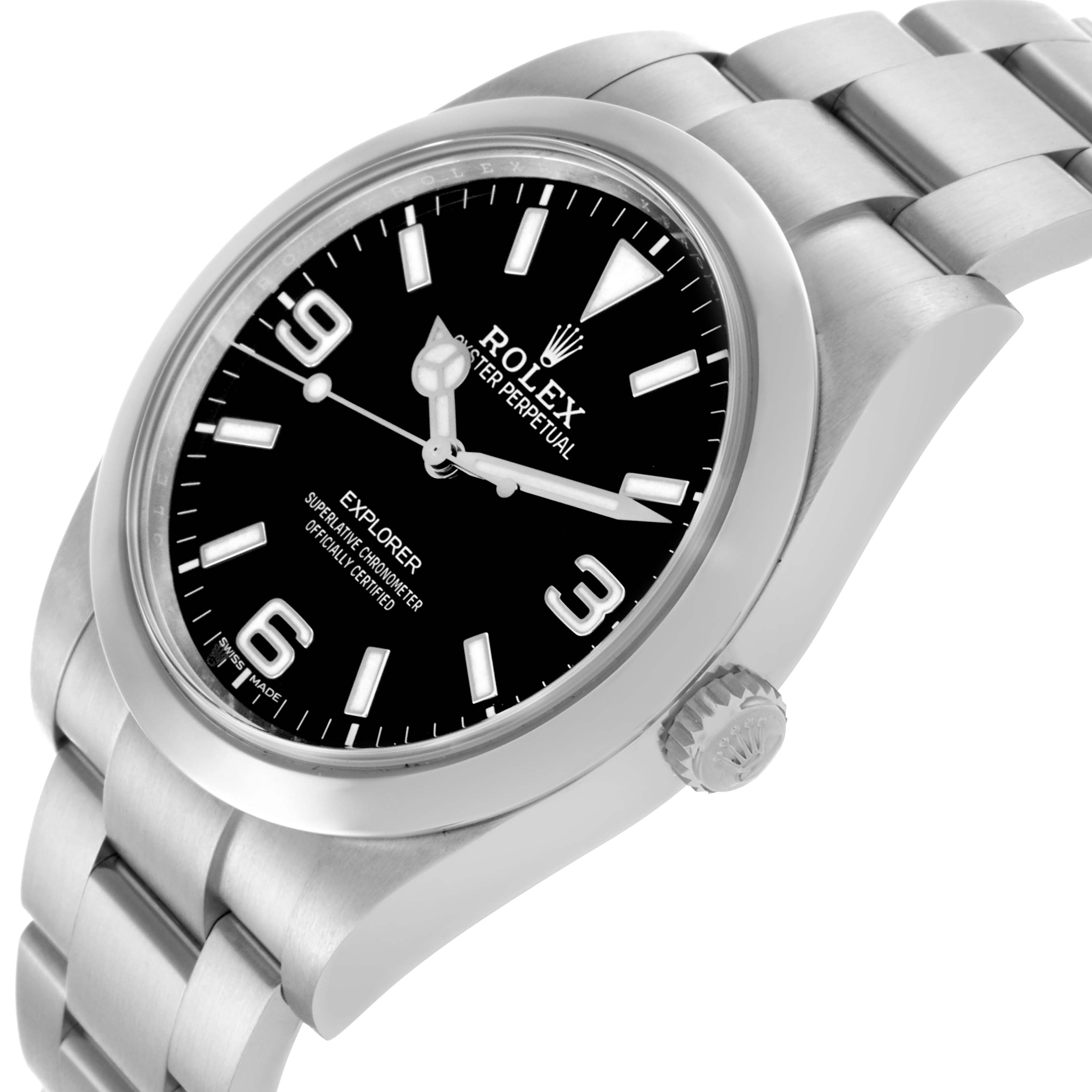 The Rolex Explorer 214270 Men's Stainless Steel Black Dial 214270 Men's Stainless Steel Black Dial watch is shown in a tilted angle, displaying the dial, bezel, and part of the bracelet.