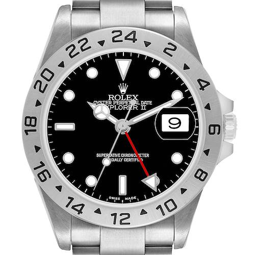 The Rolex Explorer 16570 Men's Stainless Steel Black Dial watch is shown from the front, displaying the face, bezel, and part of the bracelet.