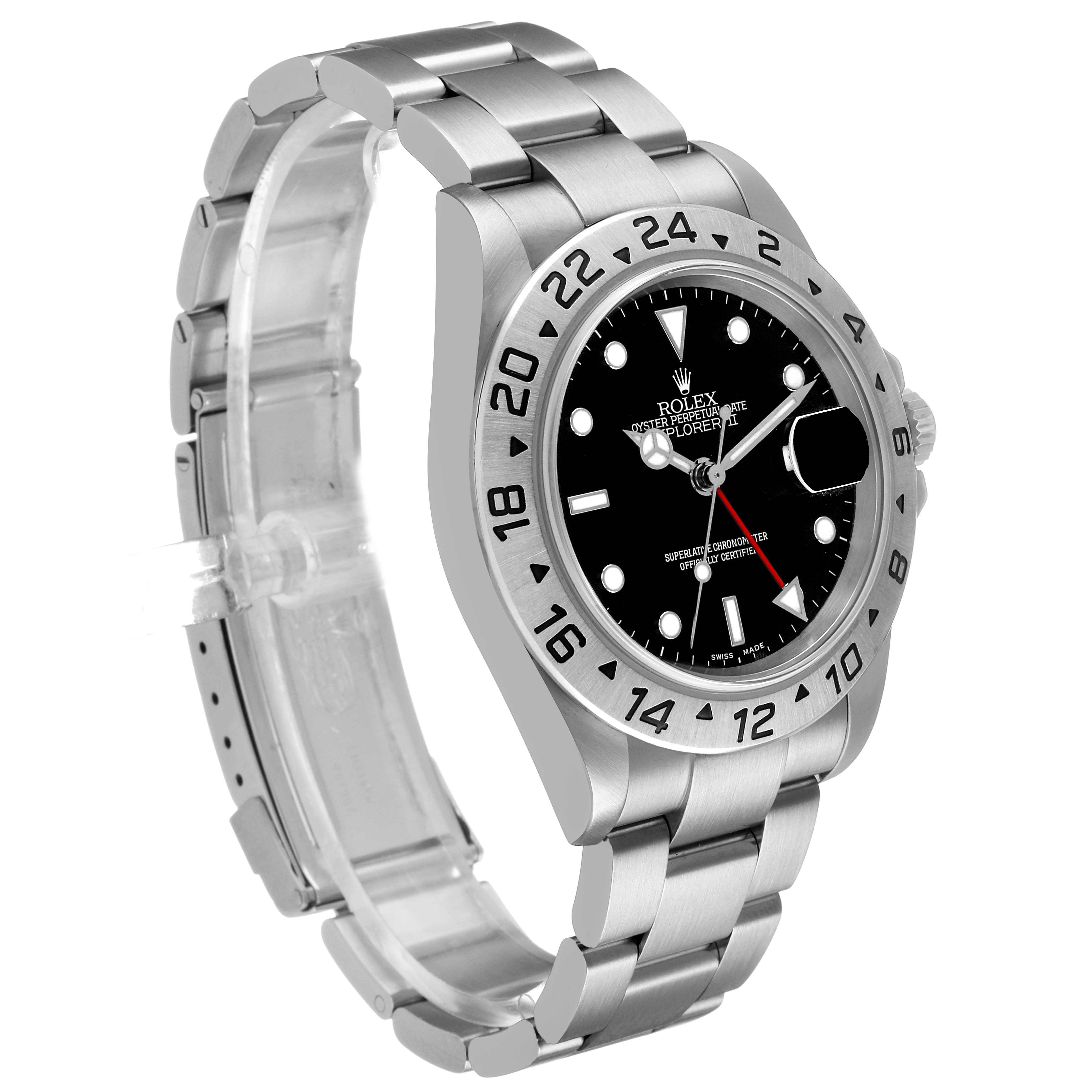 The Rolex Explorer 16570 Men's Stainless Steel Black Dial watch is shown at a slight angle, highlighting the bezel, face, and bracelet.