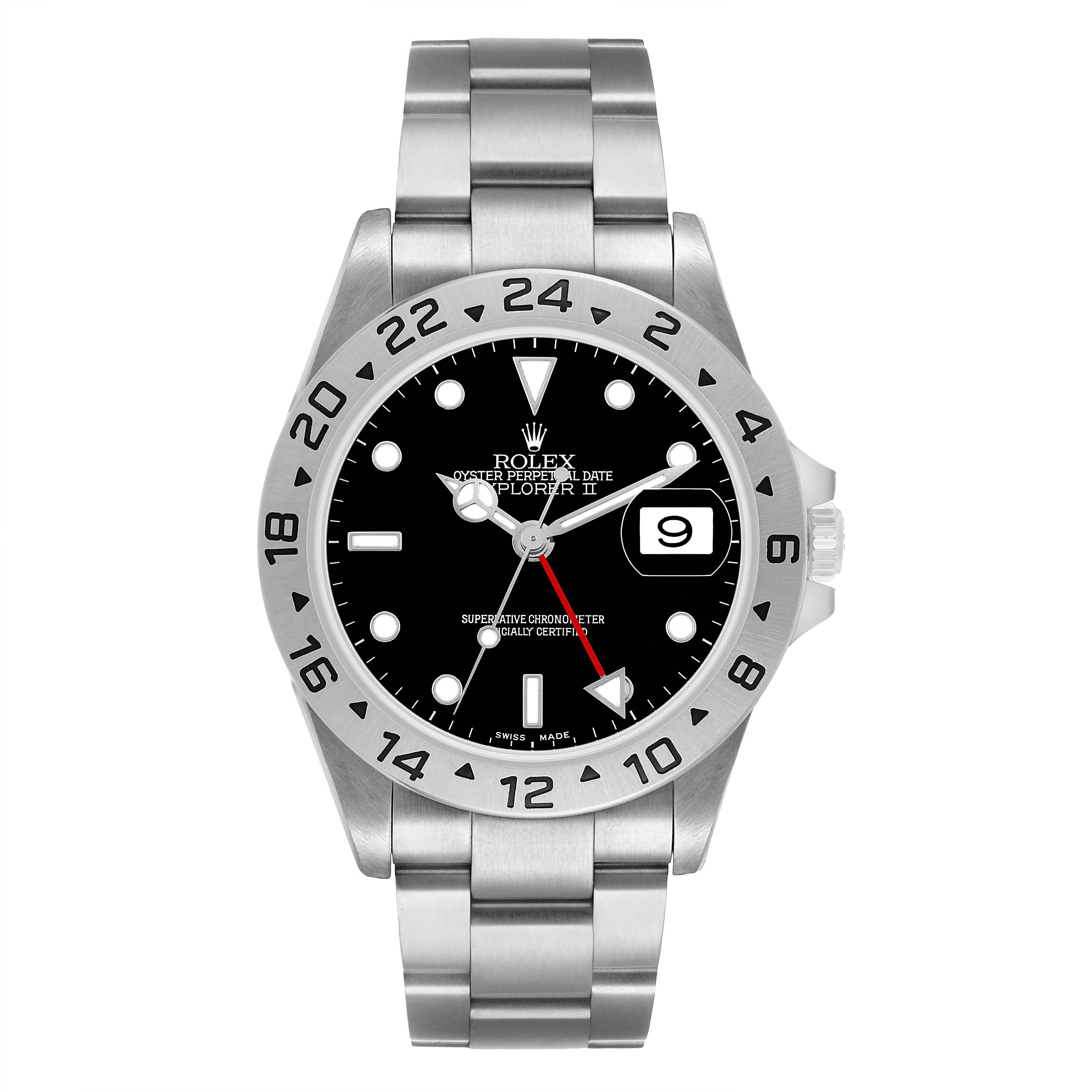 The Rolex Explorer 16570 Men's Stainless Steel Black Dial watch is shown from a top view, displaying the dial, bezel, bracelet, and crown.