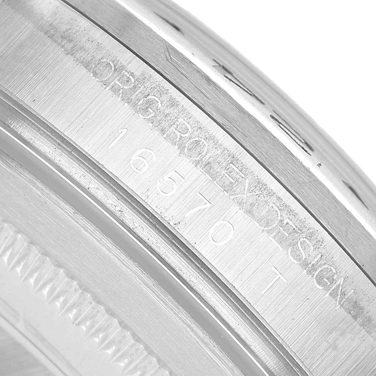 The image shows the side view of the bezel and engraved model number on a Rolex Explorer 16570 Men's Stainless Steel Black Dial watch.