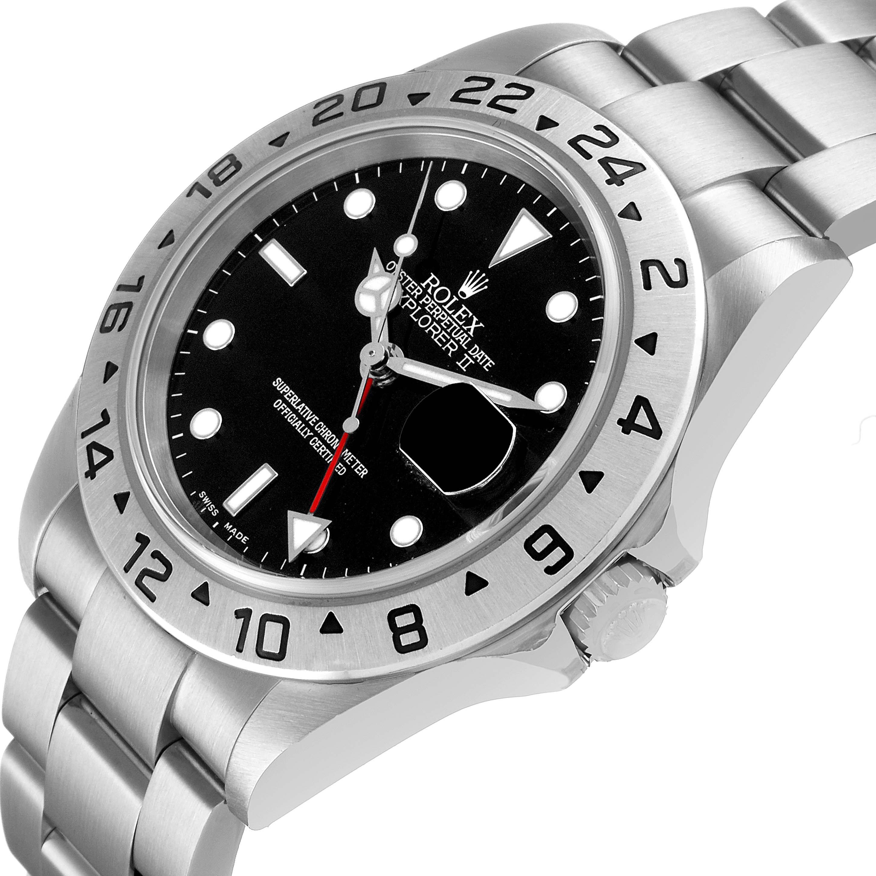 The Rolex Explorer 16570 Men's Stainless Steel Black Dial watch is shown at an angled side view, highlighting the bezel, crown, and bracelet.