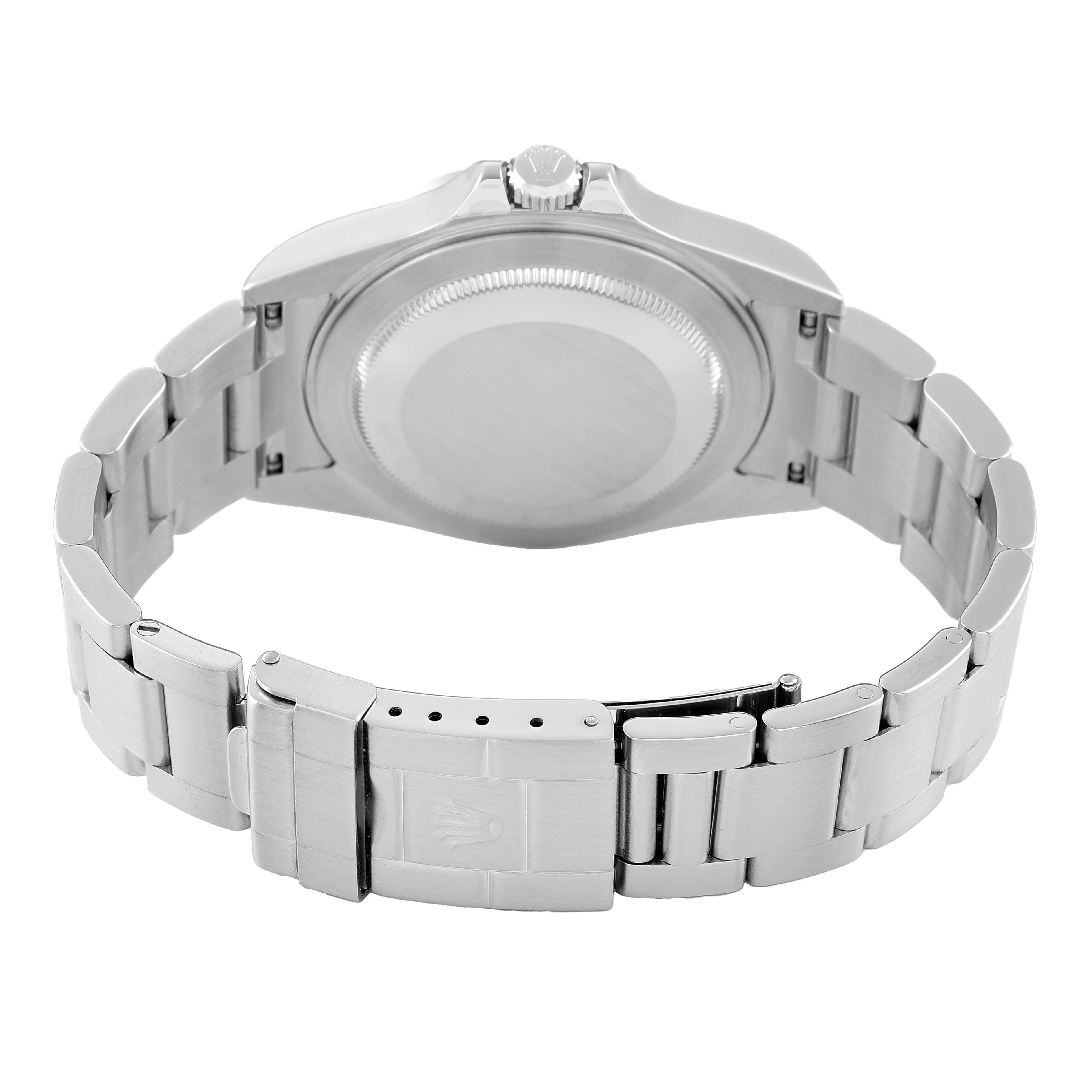 The image shows the back and clasp of a Rolex Explorer 16570 Men's Stainless Steel Black Dial watch, highlighting the bracelet and case from a rear angle.