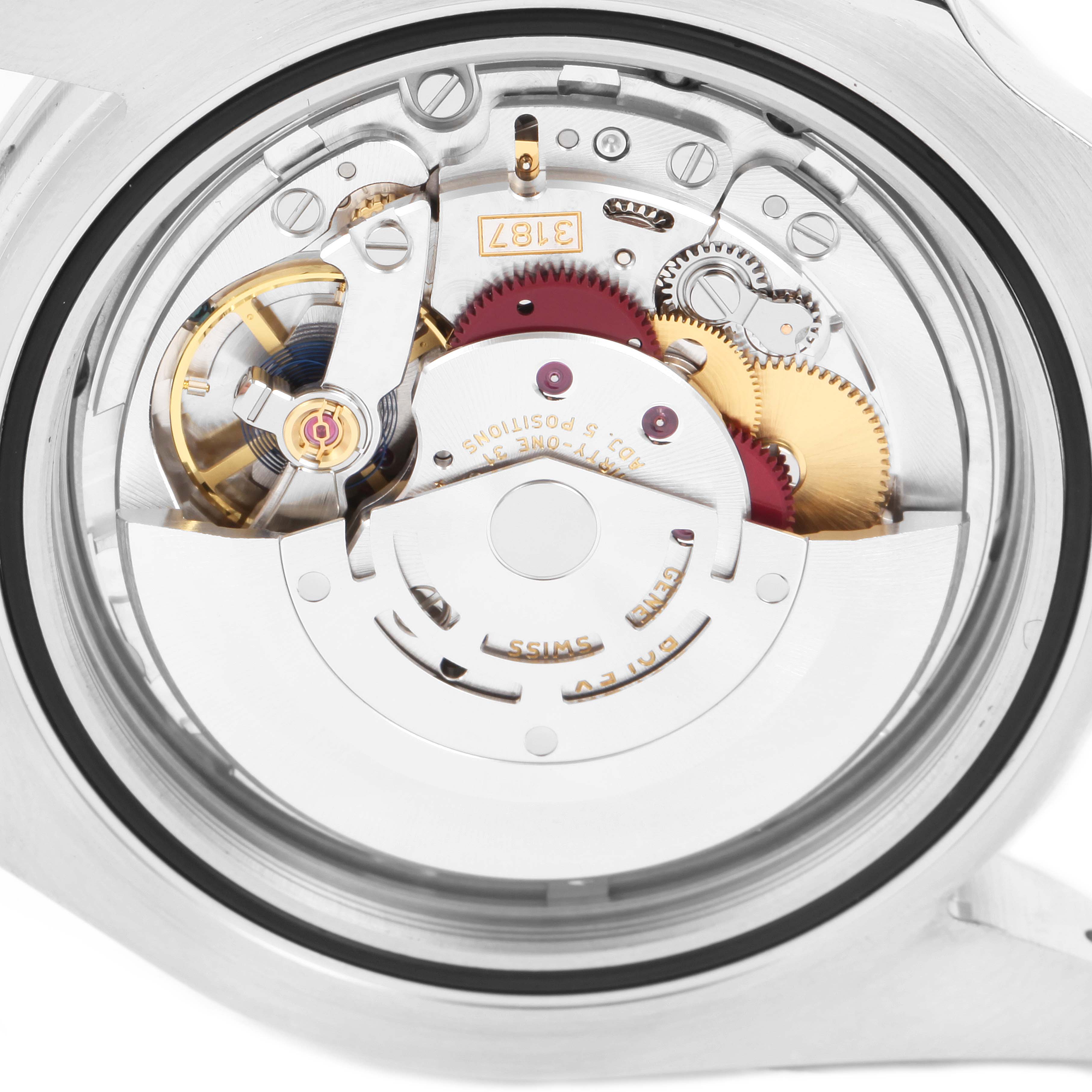 This image shows the internal mechanism of a Rolex Explorer 216570 Men's Stainless Steel White Dial 216570 Men's Stainless Steel White Dial watch from a rear, close-up angle.