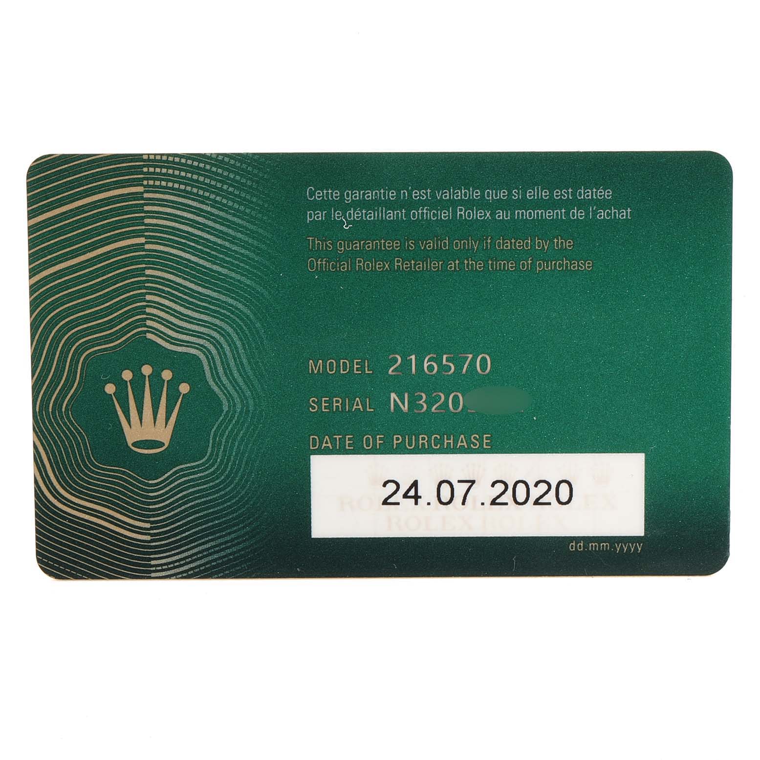 This image shows a warranty card for a Rolex Explorer 216570 Men's Stainless Steel White Dial 216570 Men's Stainless Steel White Dial model 216570, displaying the serial number and date of purchase.