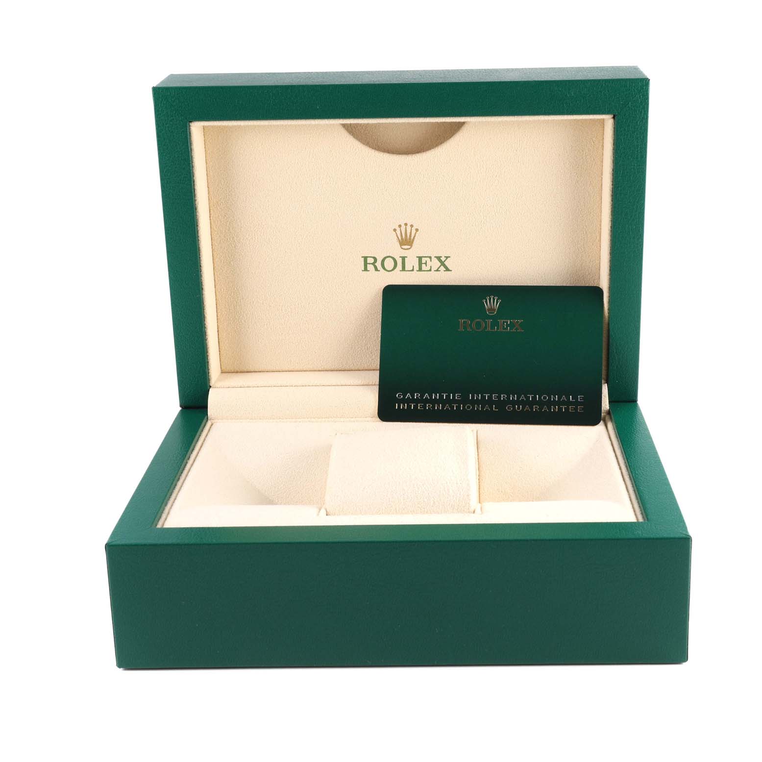 The image shows an open Rolex Explorer 226570 Men's Stainless Steel Black Dial 226570 Men's Stainless Steel Black Dial watch box at a front angle with an international guarantee card inside.