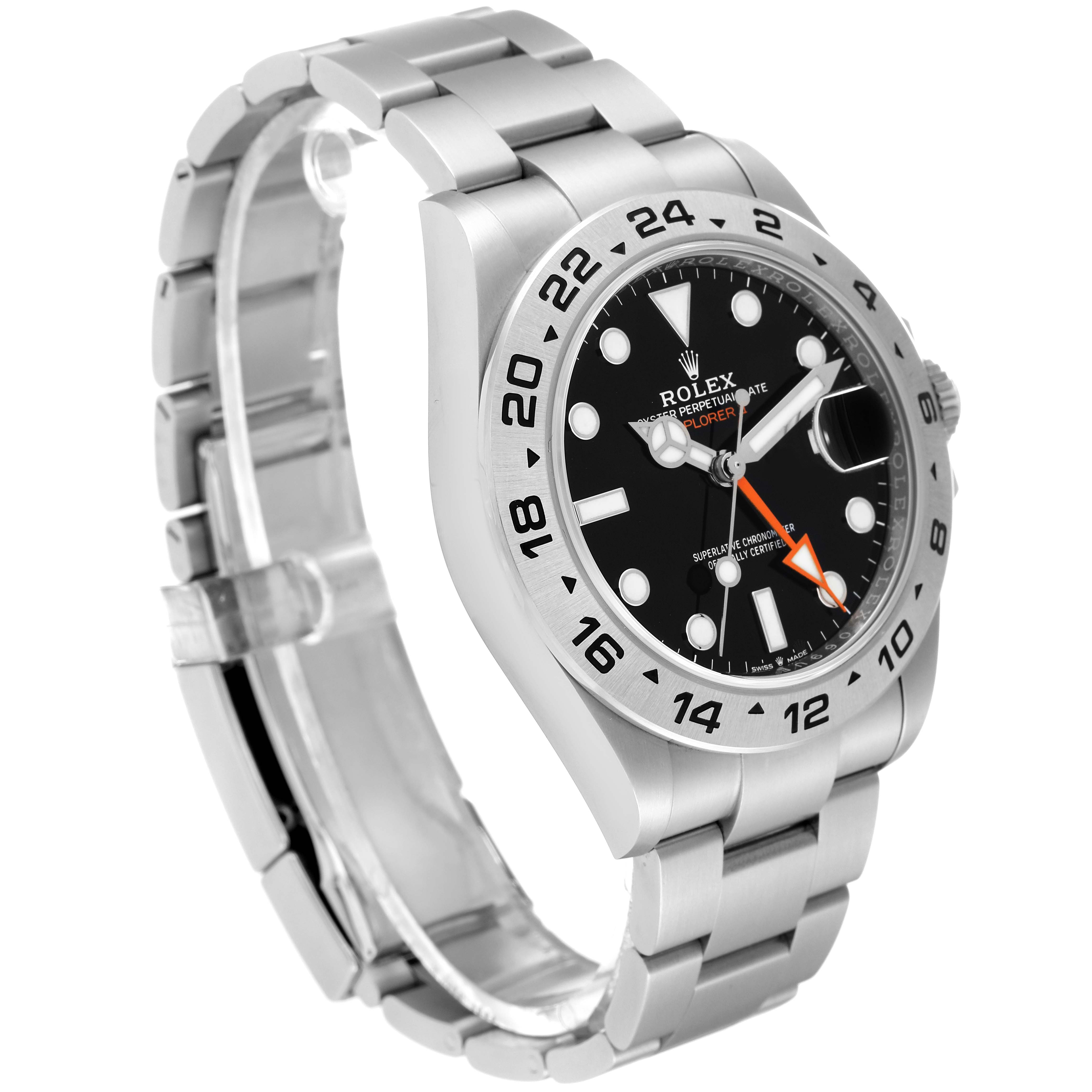 The image shows a side angle of the Rolex Explorer 226570 Men's Stainless Steel Black Dial 226570 Men's Stainless Steel Black Dial watch, displaying its bracelet, dial, and bezel.