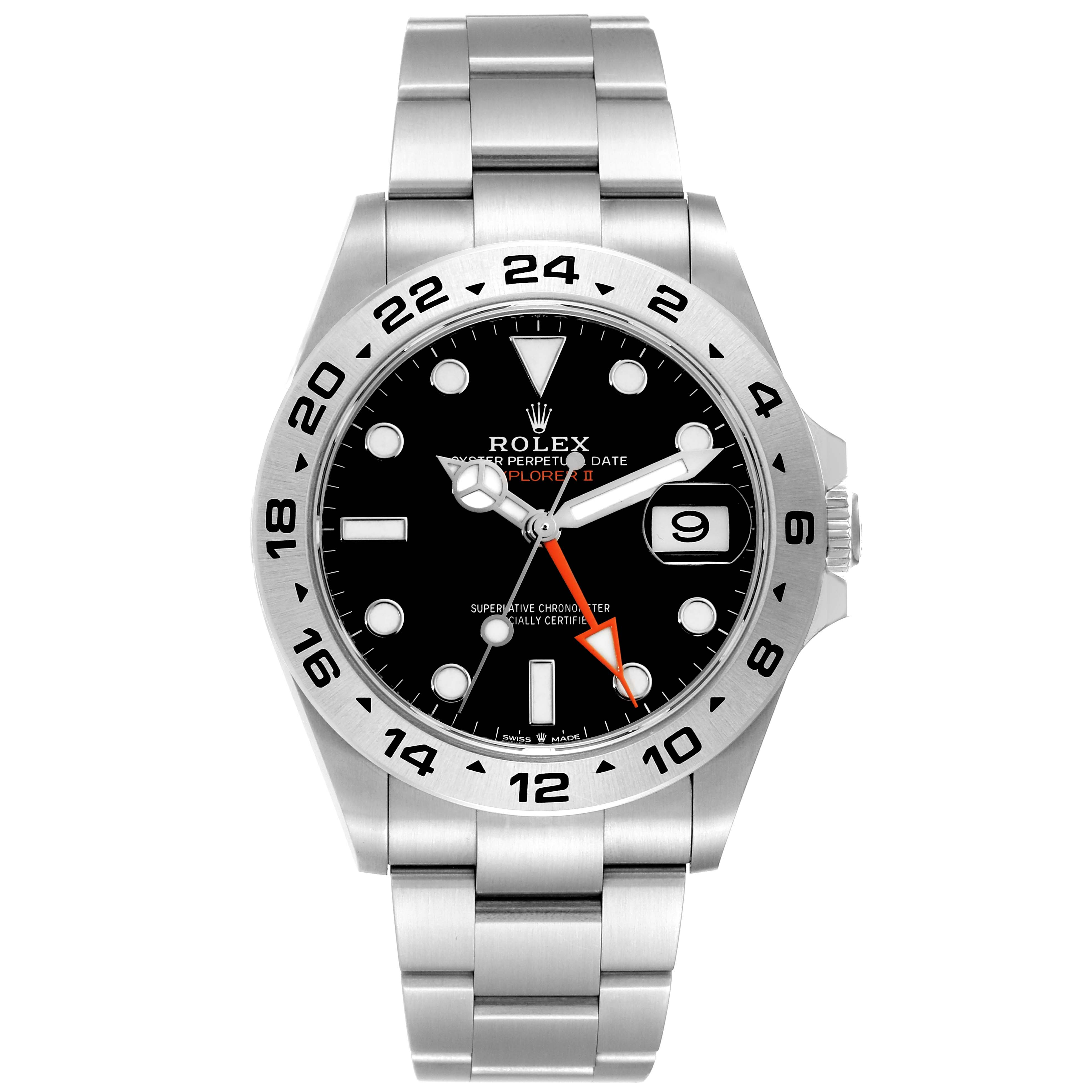 This image shows a front view of the Rolex Explorer 226570 Men's Stainless Steel Black Dial 226570 Men's Stainless Steel Black Dial watch, featuring its dial, bezel, bracelet, and crown.