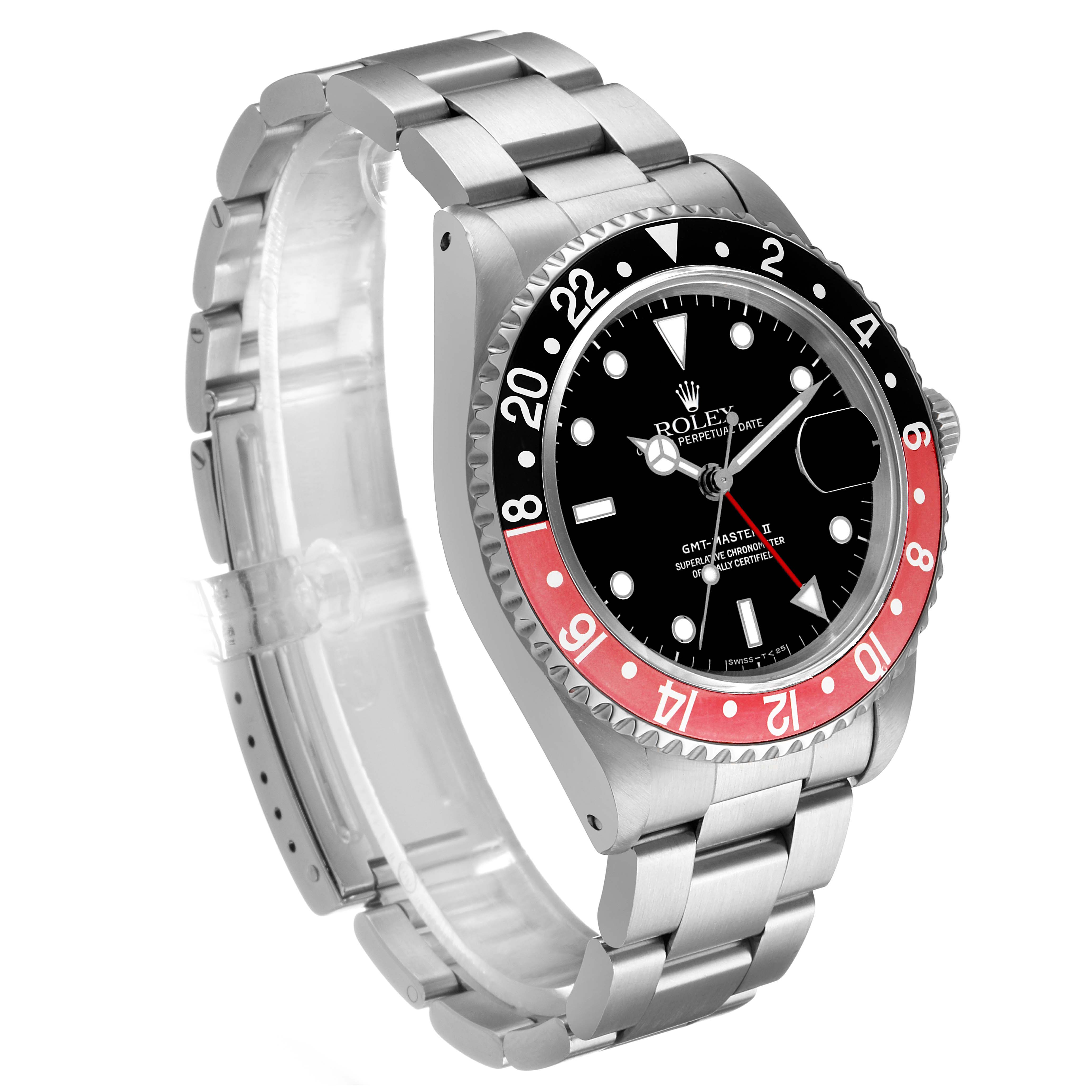 The Rolex GMT-Master 16710 Men's Stainless Steel Black Dial watch is shown at a three-quarter angle, displaying the dial, bezel, and metal bracelet.