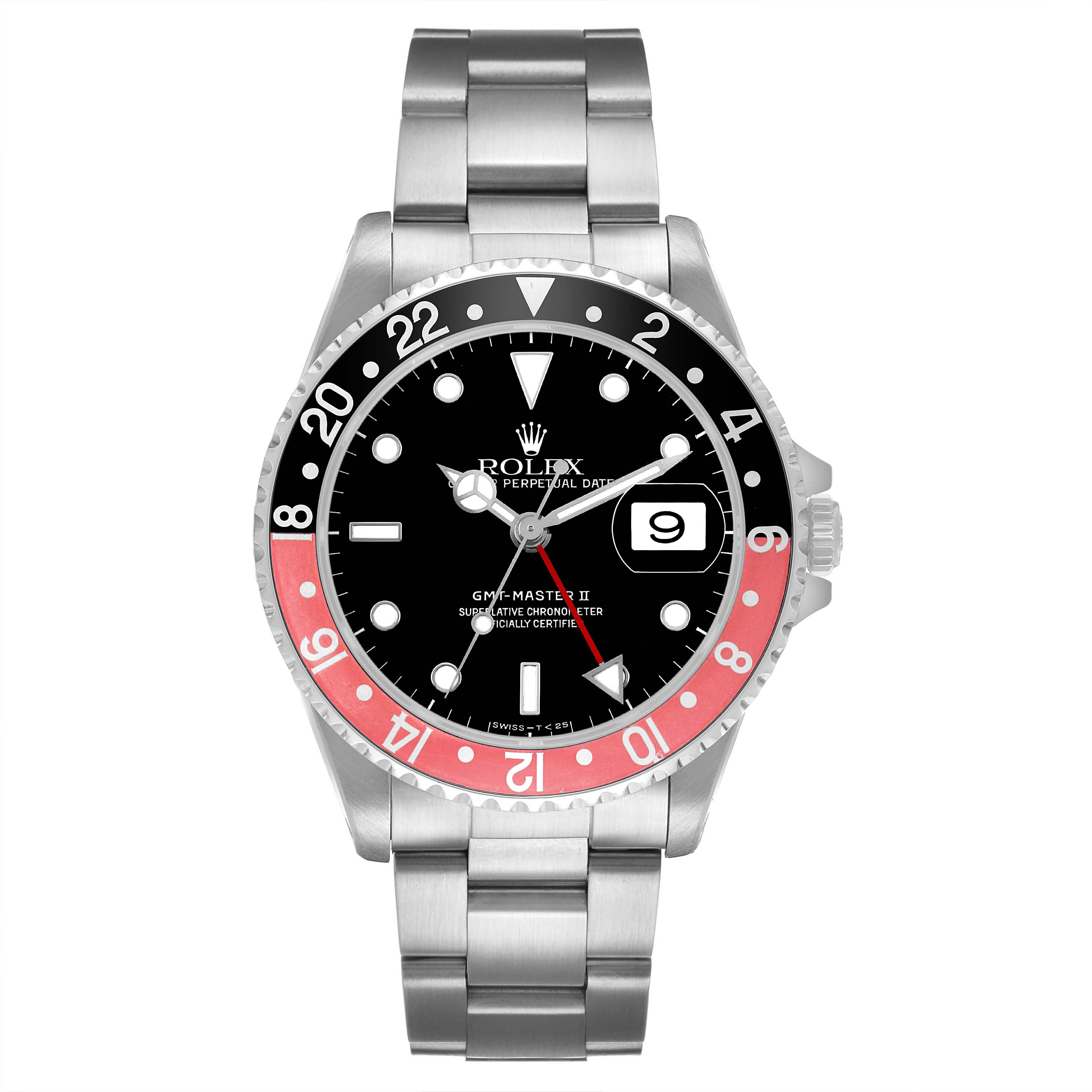 The Rolex GMT-Master 16710 Men's Stainless Steel Black Dial watch is shown from the front, displaying the bezel, dial, and bracelet.