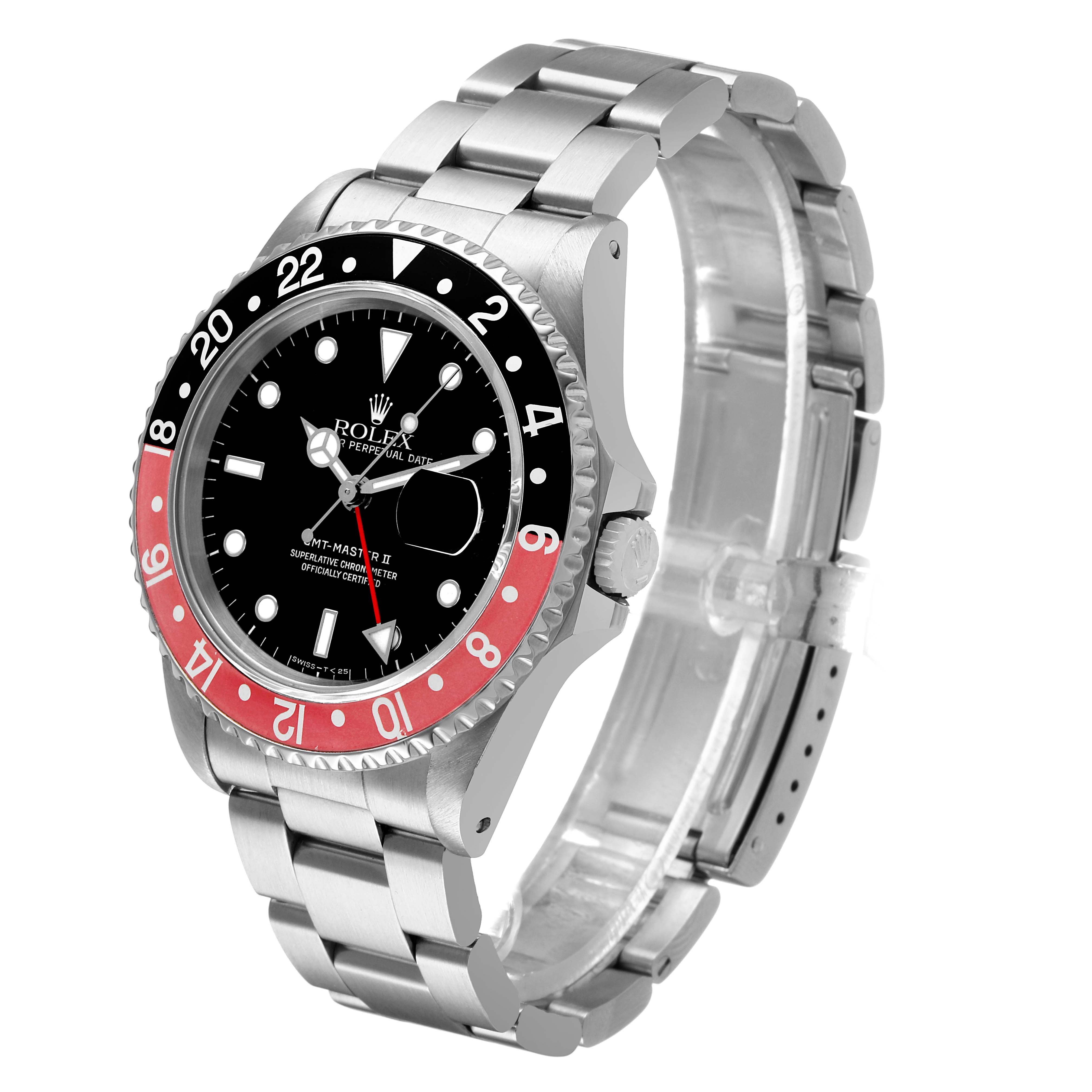 The Rolex GMT-Master 16710 Men's Stainless Steel Black Dial watch is shown at a slight angle, highlighting the bezel, dial, bracelet, and crown.