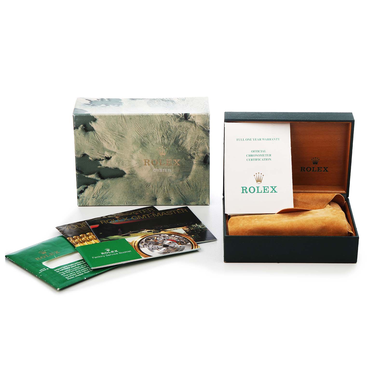 The image shows the Rolex GMT-Master 16710 Men's Stainless Steel Black Dial packaging, manuals, and warranty card from a frontal angle.