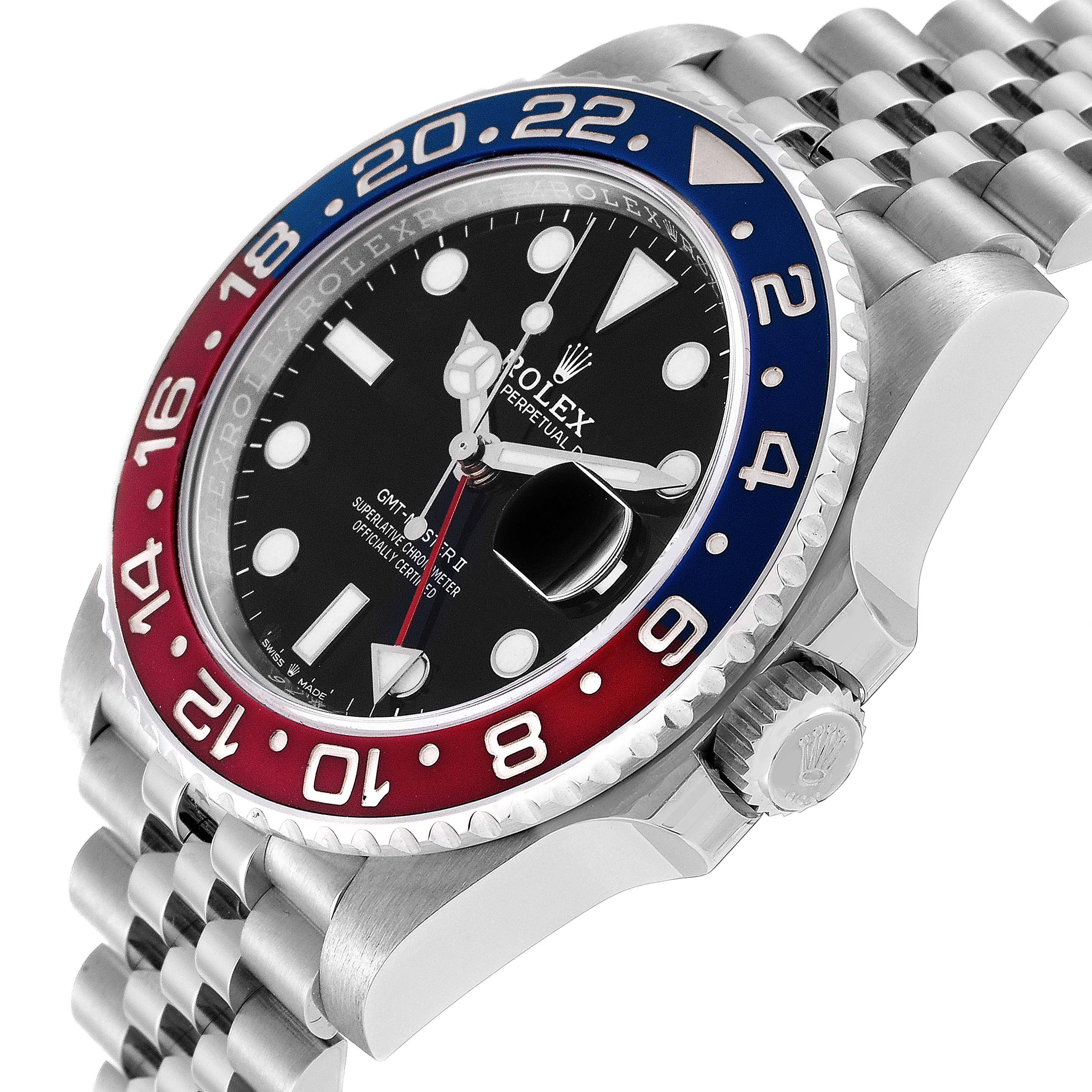 The image displays a side angle of a Rolex GMT-Master 126710BLRO Men
s Stainless Steel Black Dial 126710BLRO Men
s Stainless Steel Black Dial watch, highlighting its bezel, dial, crown, and bracelet.
