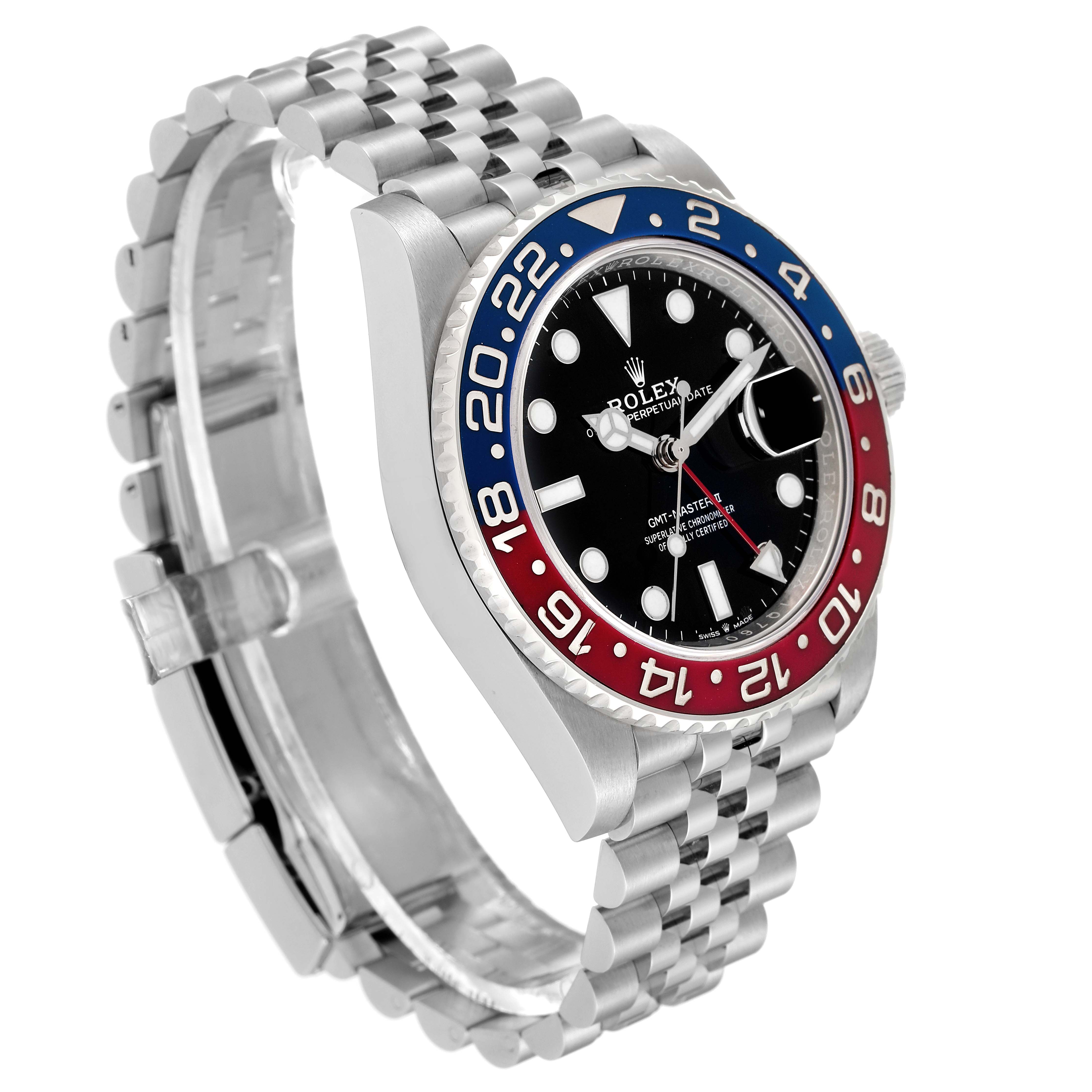 The Rolex GMT-Master 126710BLRO Men
s Stainless Steel Black Dial 126710BLRO Men
s Stainless Steel Black Dial watch is shown at an angled side view, highlighting its bezel, dial, and partially open bracelet.