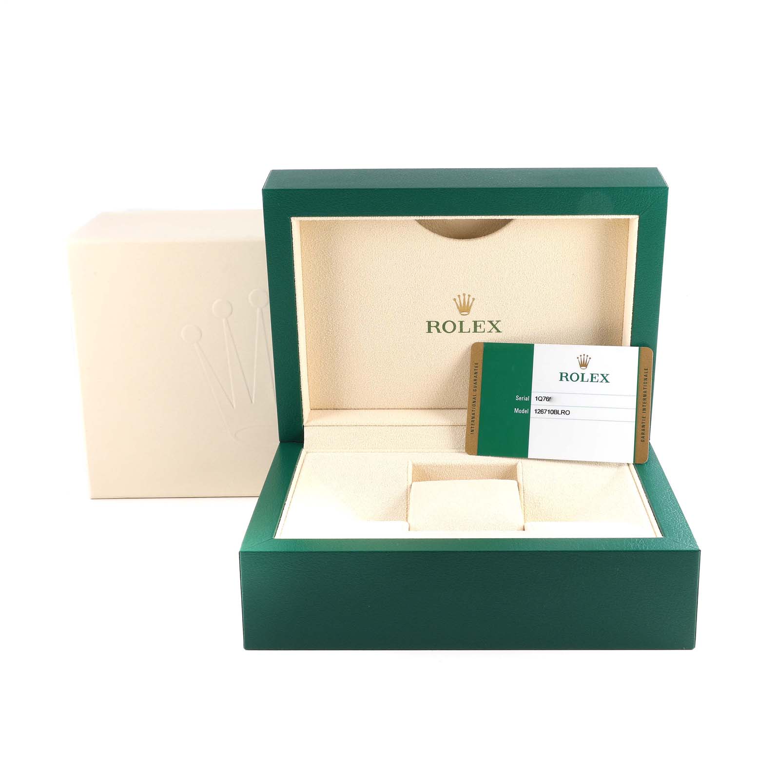 The image shows an open Rolex GMT-Master 126710BLRO Men
s Stainless Steel Black Dial 126710BLRO Men
s Stainless Steel Black Dial watch box and a warranty card, taken from a front-facing angle.