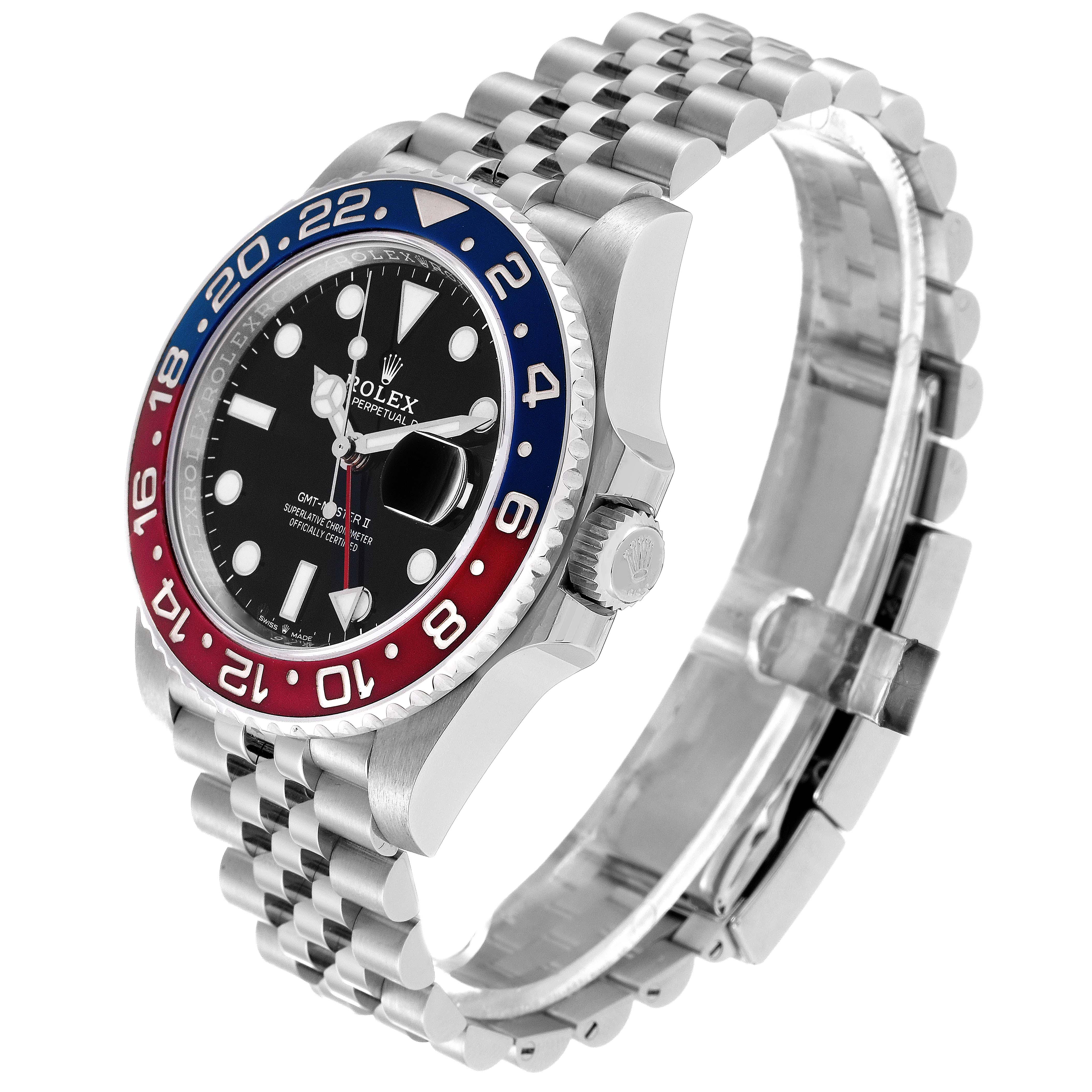 This image shows a side angle of the Rolex GMT-Master 126710BLRO Men
s Stainless Steel Black Dial 126710BLRO Men
s Stainless Steel Black Dial with a visible face, bezel, crown, and Jubilee bracelet.