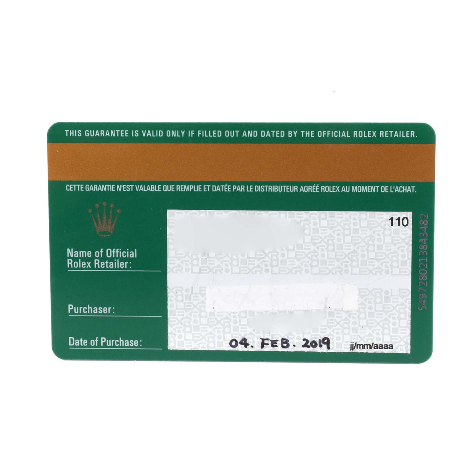 The image shows the guarantee card for a Rolex GMT-Master 126710BLRO Men
s Stainless Steel Black Dial 126710BLRO Men
s Stainless Steel Black Dial watch.